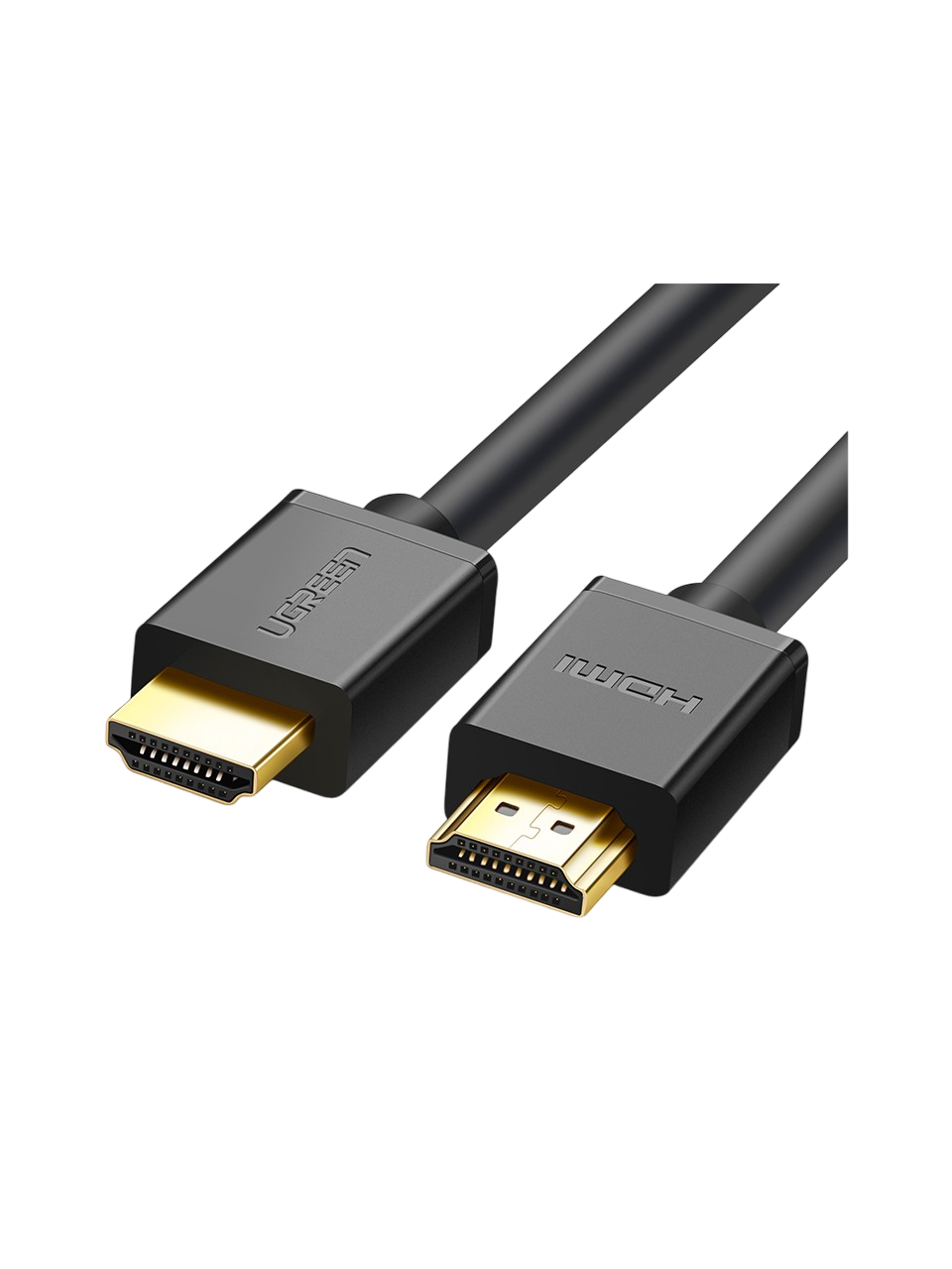 Siyah arka plan üzerinde altın konektörlü iki siyah HDMI kablosu. Bir kabloda 'Ugreen', diğerinde 'HDMI' yazısı var.