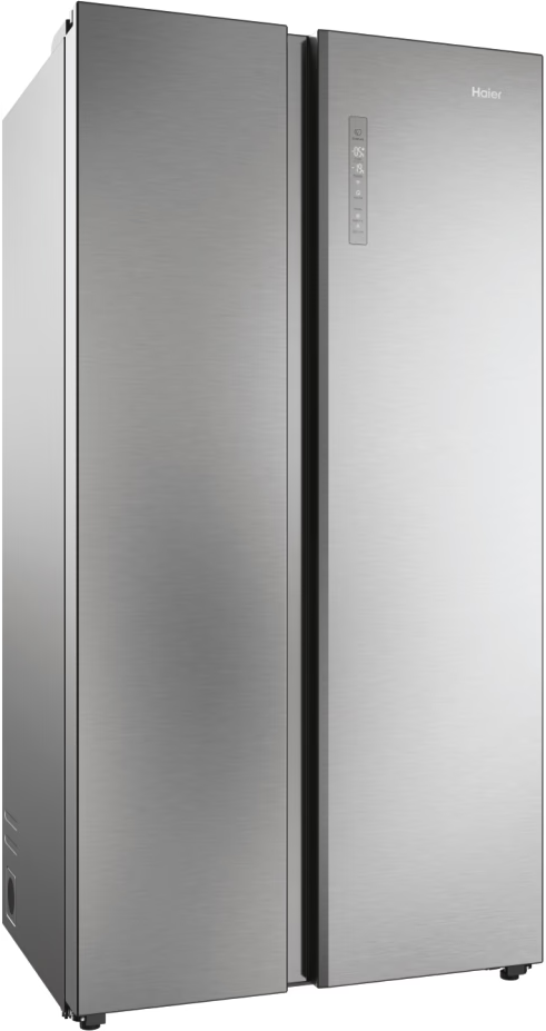 Un frigorifero Haier in acciaio inossidabile con due porte. La porta destra ha un display a LED. Le porte sono chiuse.