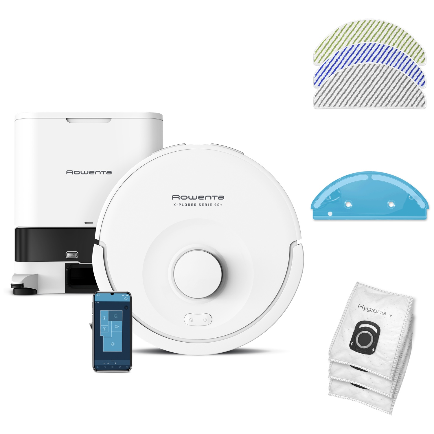 Robot vacuum cleaner and accessories. Includes vacuum, cleaning pads, water tank, dust bags, and a smartphone showing a map.
