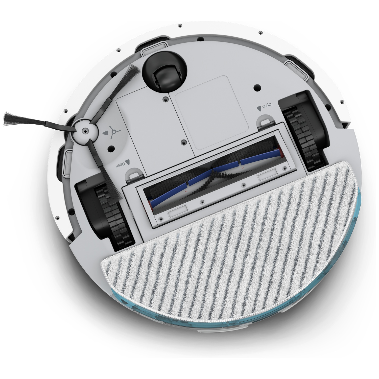 A top-down view of a robotic vacuum cleaner. It has brushes, wheels, and a cleaning pad. The colors are white, gray, and blue.