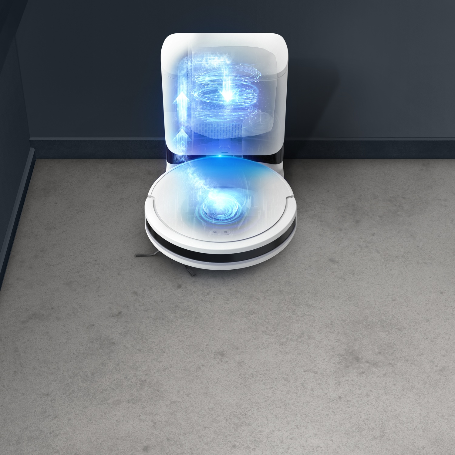 A white robot vacuum cleaner and its charging station. Blue energy visualization. The floor is gray. Dark wall in the background.