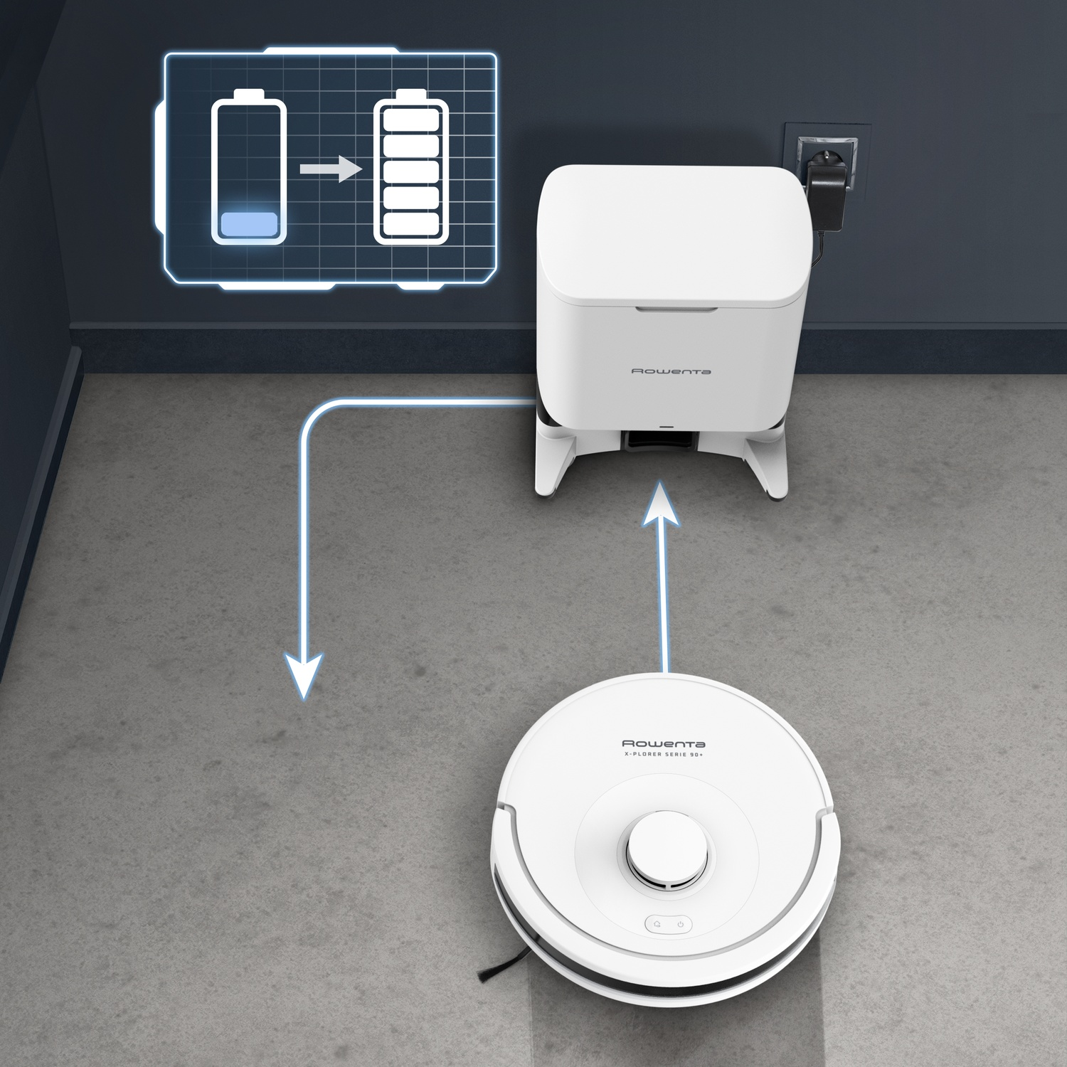 A white robotic vacuum cleaner charges at its charging station. A graphic shows the battery charging. The Rowenta logo is visible.