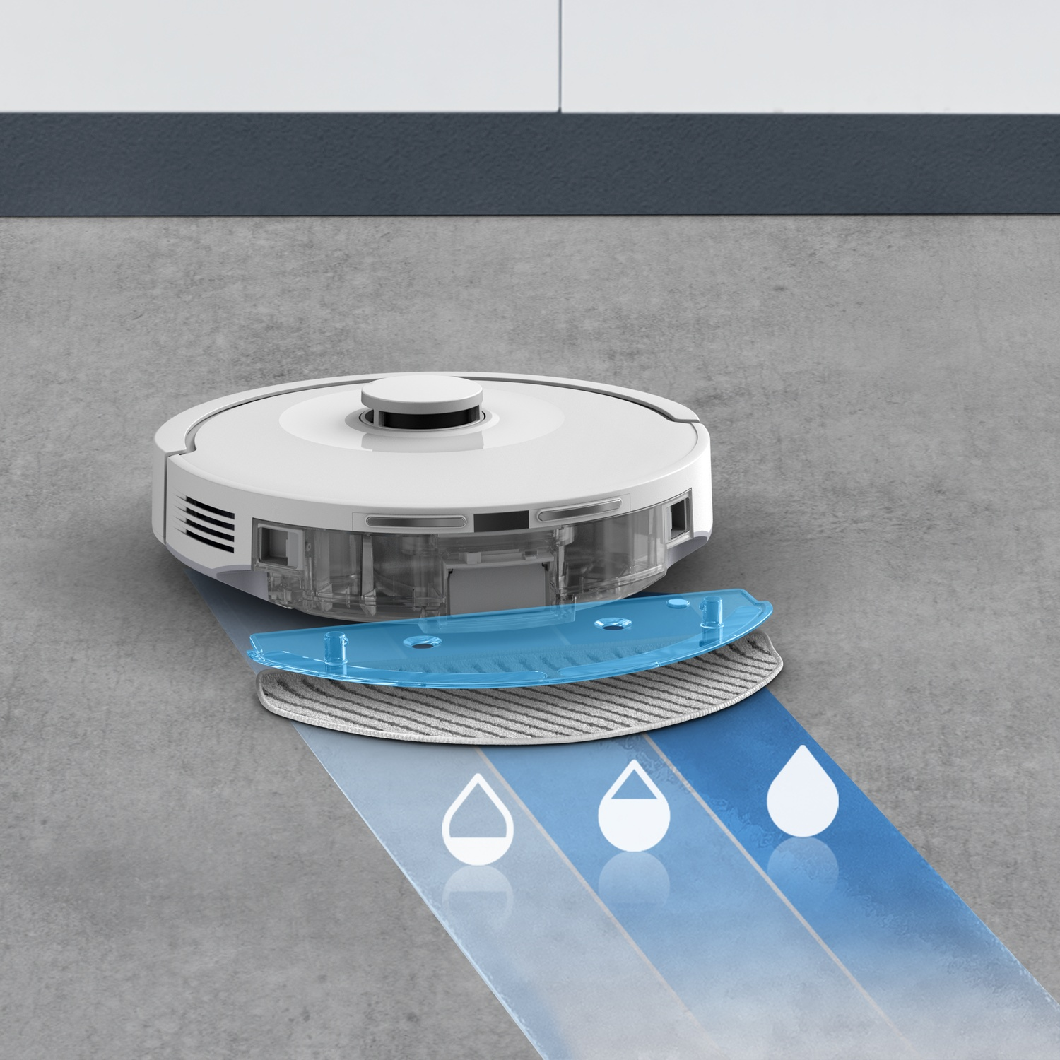 A white robotic vacuum cleaner with a blue cleaning pad is on a gray floor. Water drop icons indicate cleaning path.