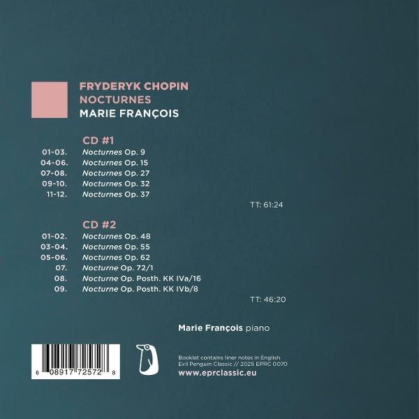 CD-Cover mit Chopins Nocturnes. Marie François am Klavier. Enthält Titelliste, Spielzeiten und Barcode. Dunkelblauer Hintergrund.