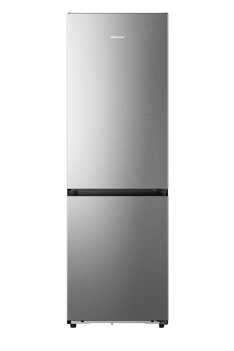 Ein Edelstahl-Hisense-Kühlschrank mit oberem Gefrierfach und unterem Kühlschrankbereich. Der Markenname ist oben sichtbar.