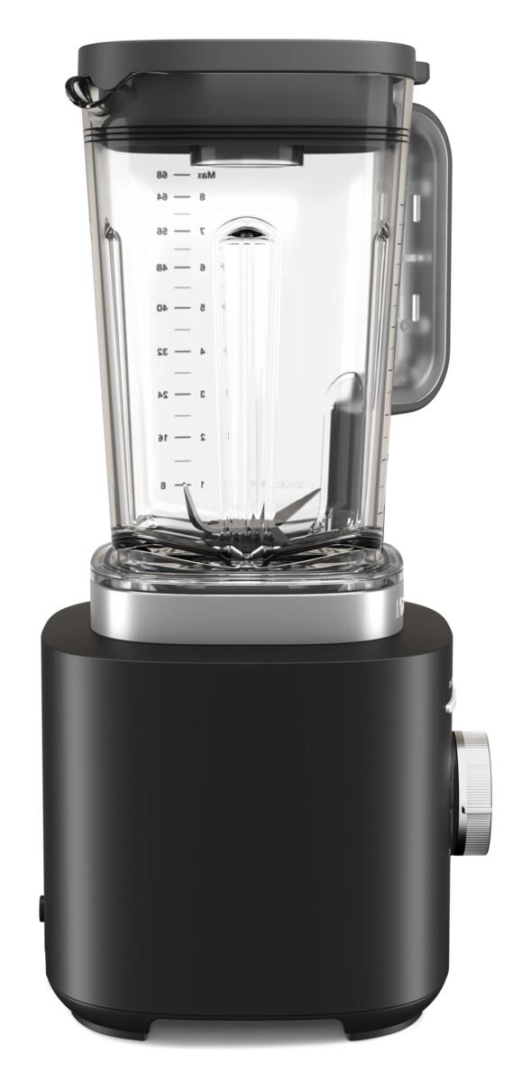 Ein schwarzer Mixer mit einem transparenten Behälter. Er hat einen silbernen Sockel, ein schwarzes Motorgehäuse und einen Drehknopf.