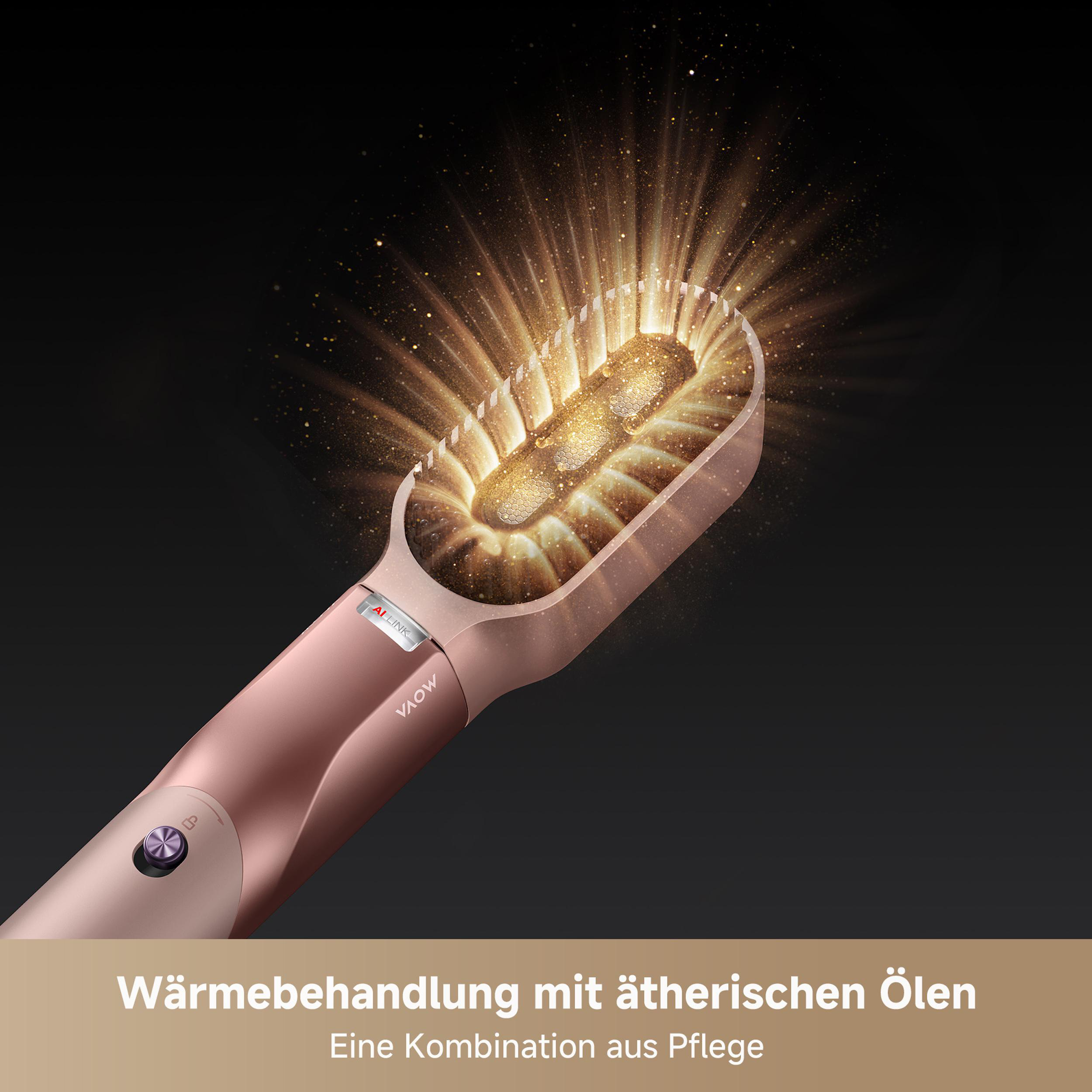 Eine roségoldene Haarbürste mit Lichteffekten. Der Text unten lautet 'Wärmebehandlung mit ätherischen Ölen'.