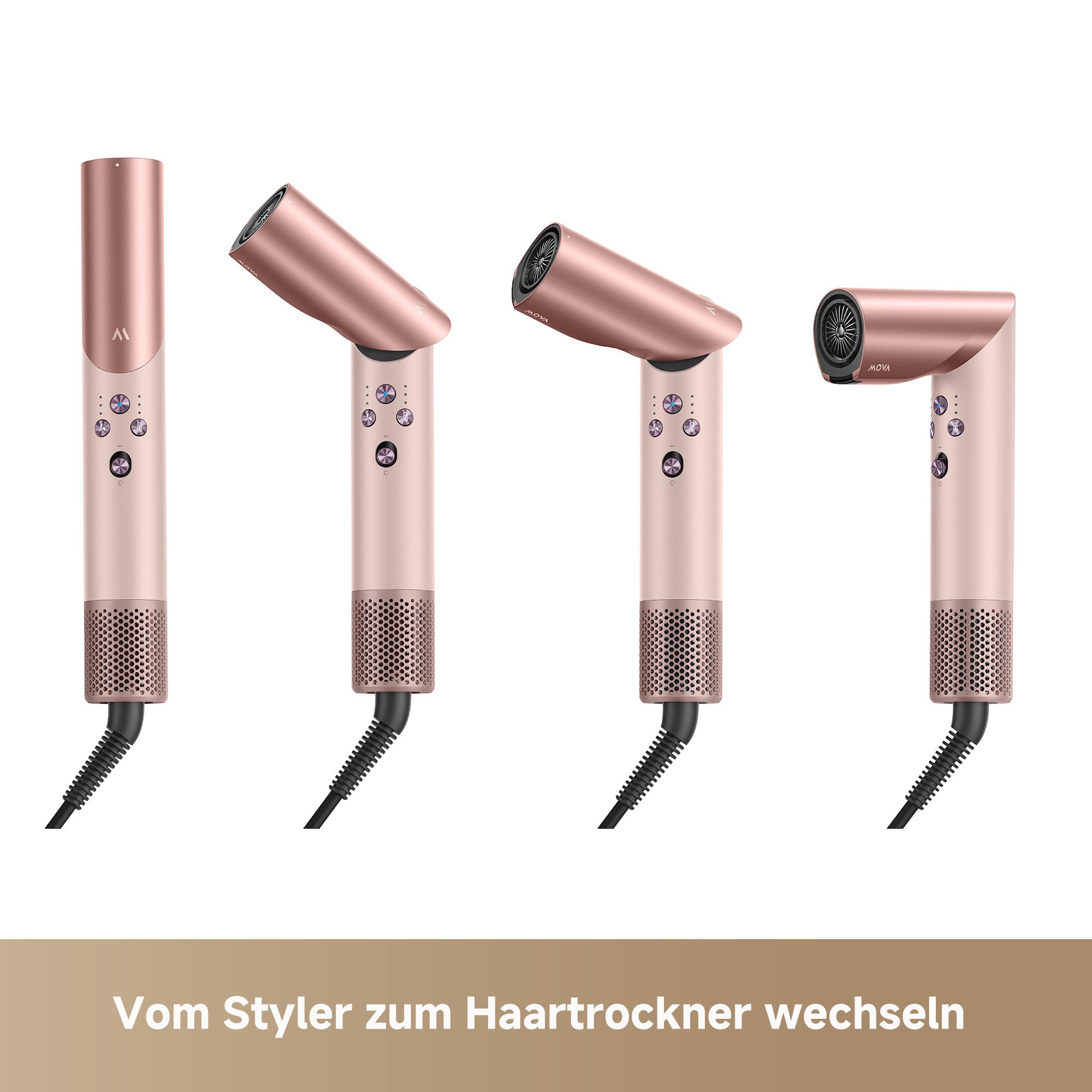 Vier roségoldfarbene Haarstyler/Trockner in verschiedenen Winkeln. Jeder hat Knöpfe und eine Mesh-Basis. Schwarze Kabel verlaufen nach unten.