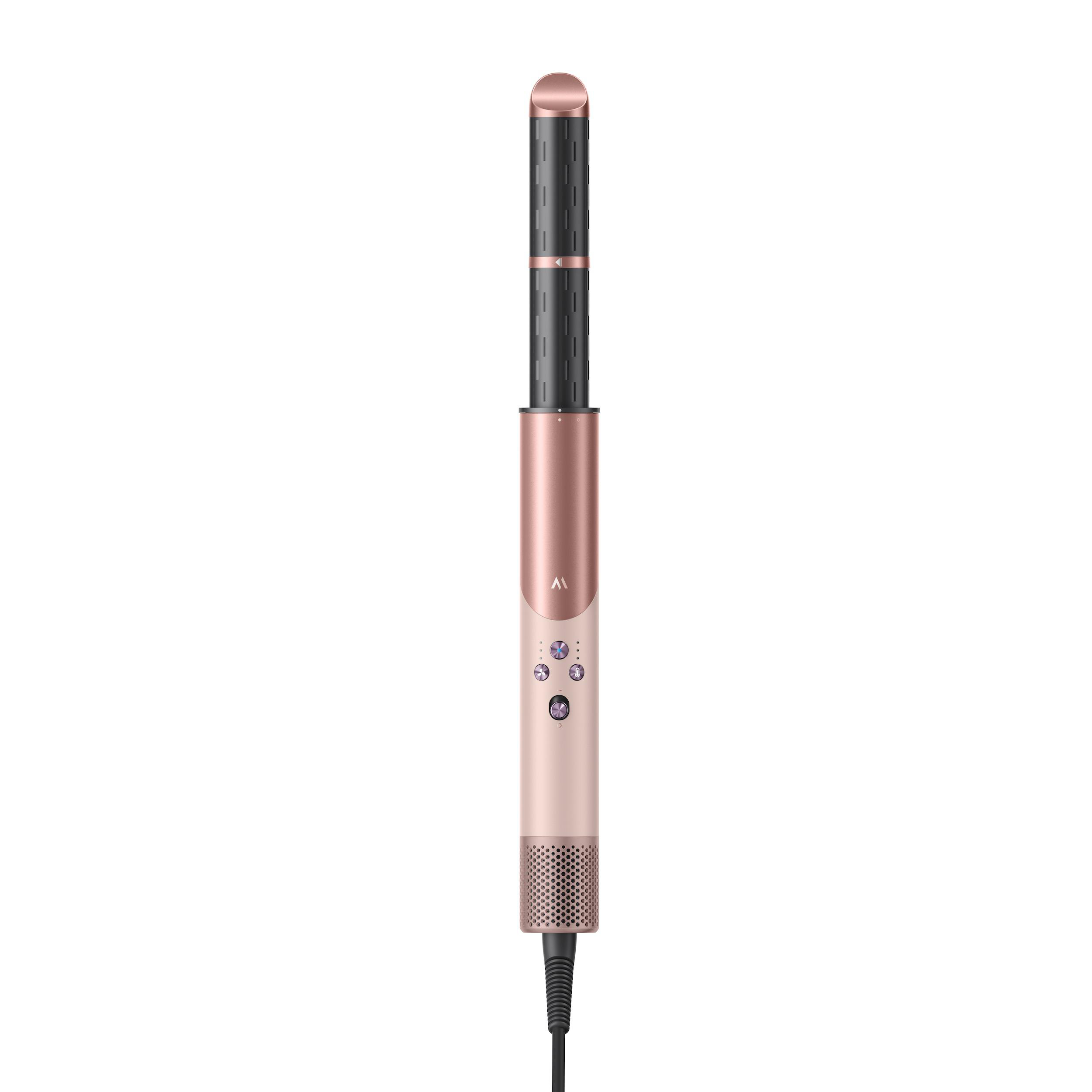 Ein Haarlockenwickler. Roségoldenes und schwarzes Gerät mit Knöpfen und einem Kabel vor weißem Hintergrund.