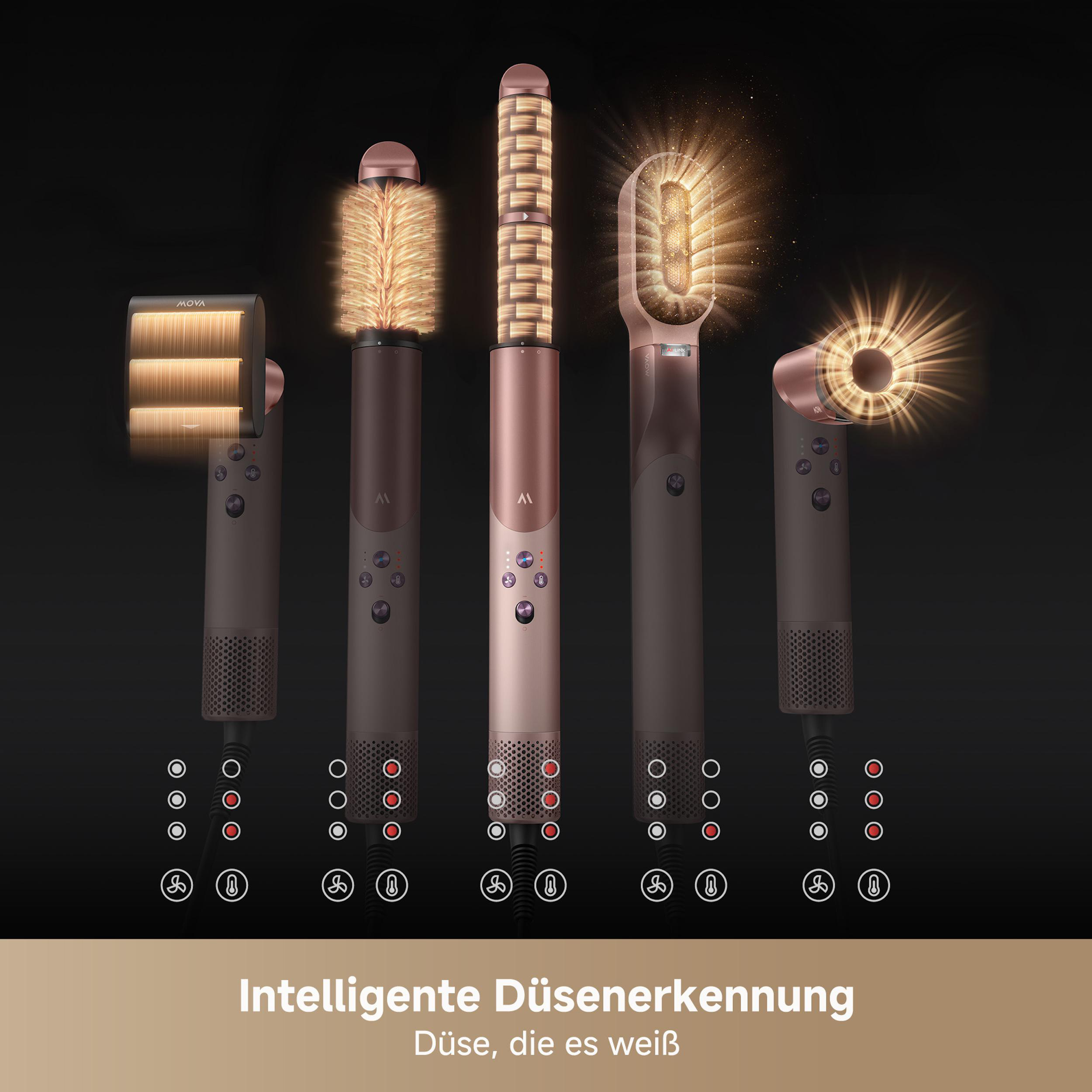 Das Bild zeigt fünf Haarstyling-Tools mit leuchtenden Elementen. Der Text unten lautet 'Intelligente Düsenenerkennung'.