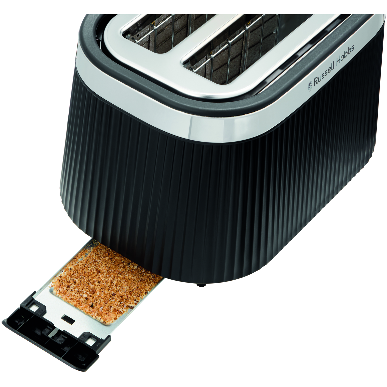 A black Russell Hobbs toaster with a crumb tray pulled out, showing crumbs. The toaster has a chrome top.