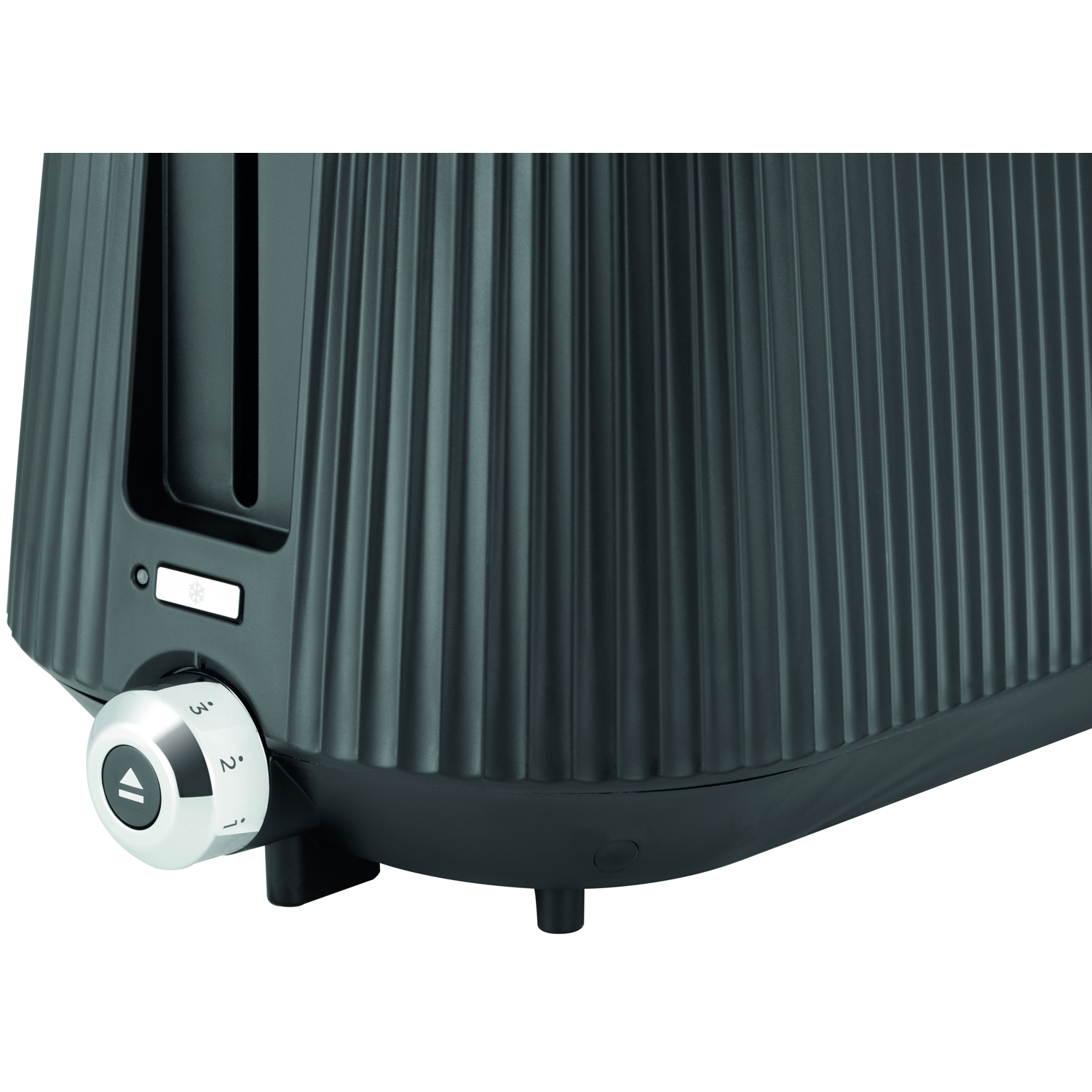 Close-up of a black toaster with a ribbed design. A silver dial shows numbers 1-3. The toaster sits on a white background.