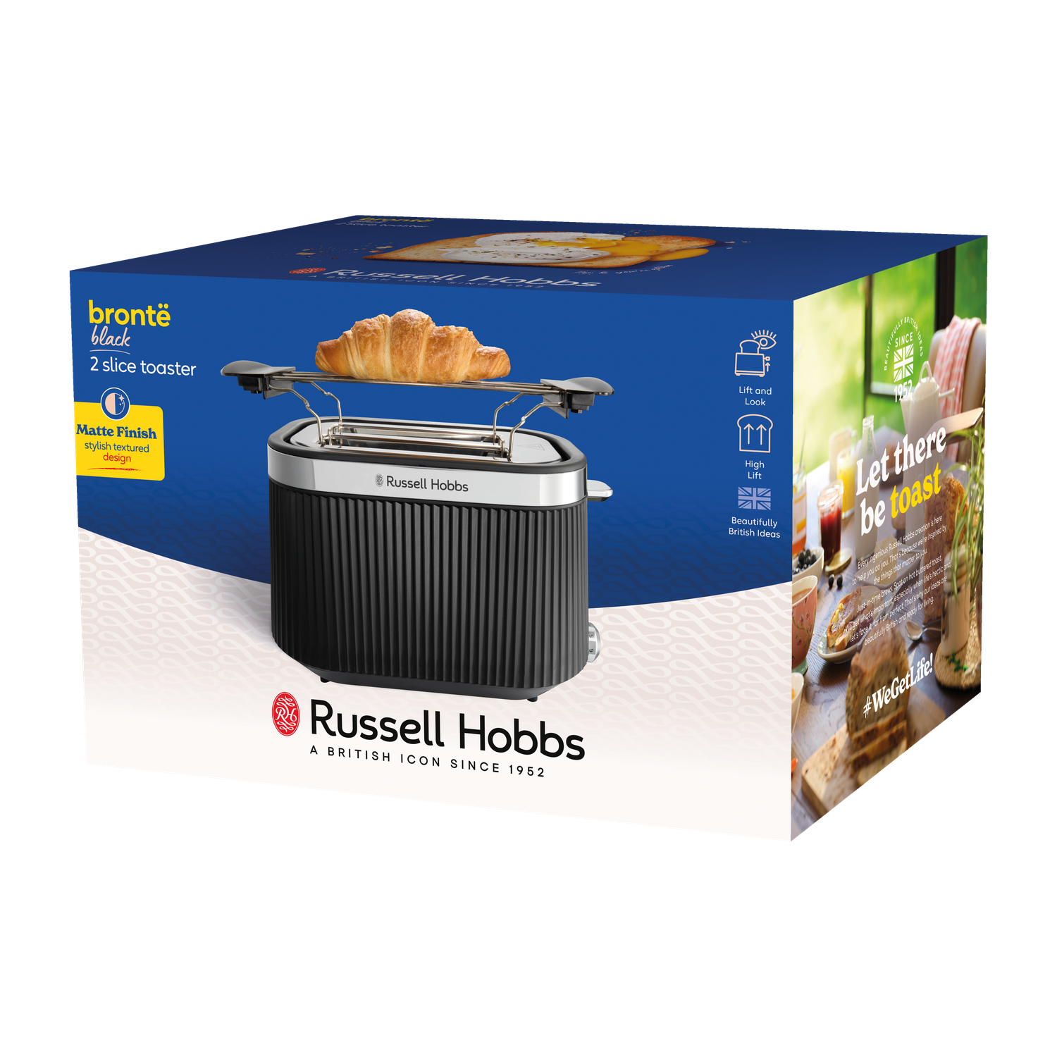 A black Russell Hobbs toaster with a croissant on top, on a box with text and a breakfast scene.