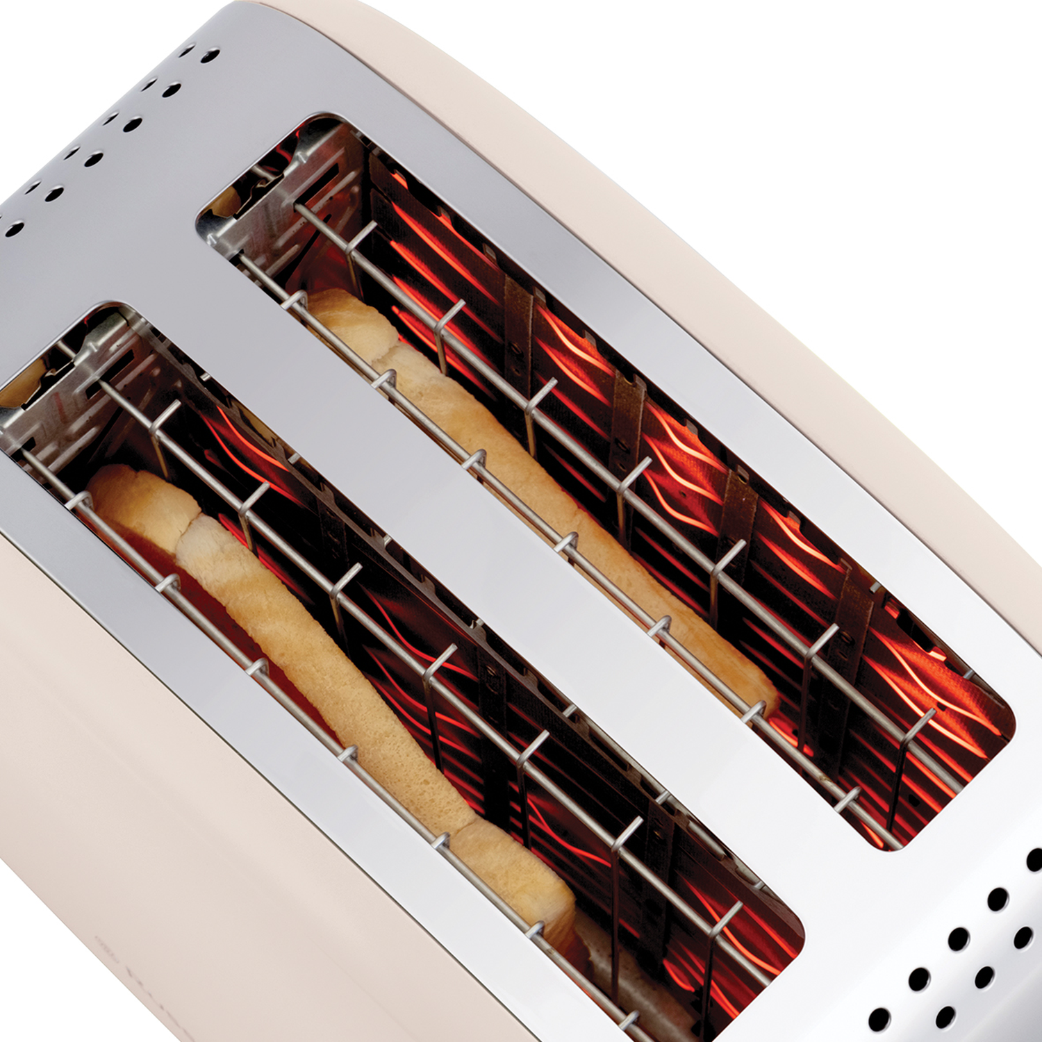 A close-up of a toaster with two slices of bread inside. The heating elements are glowing red.