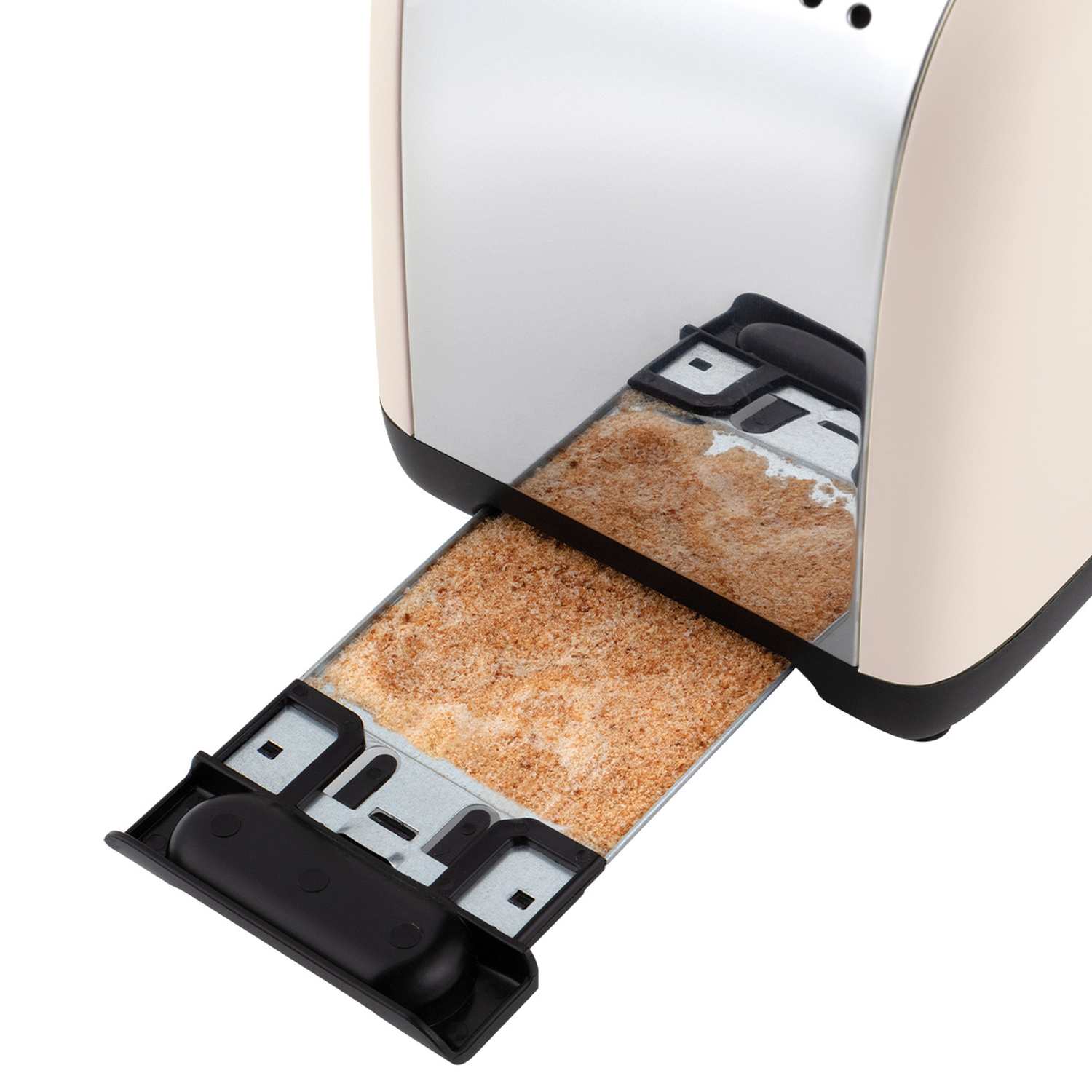 A toaster with a tray of toast. The toaster is beige and silver. The toast is brown and sits on a black tray.