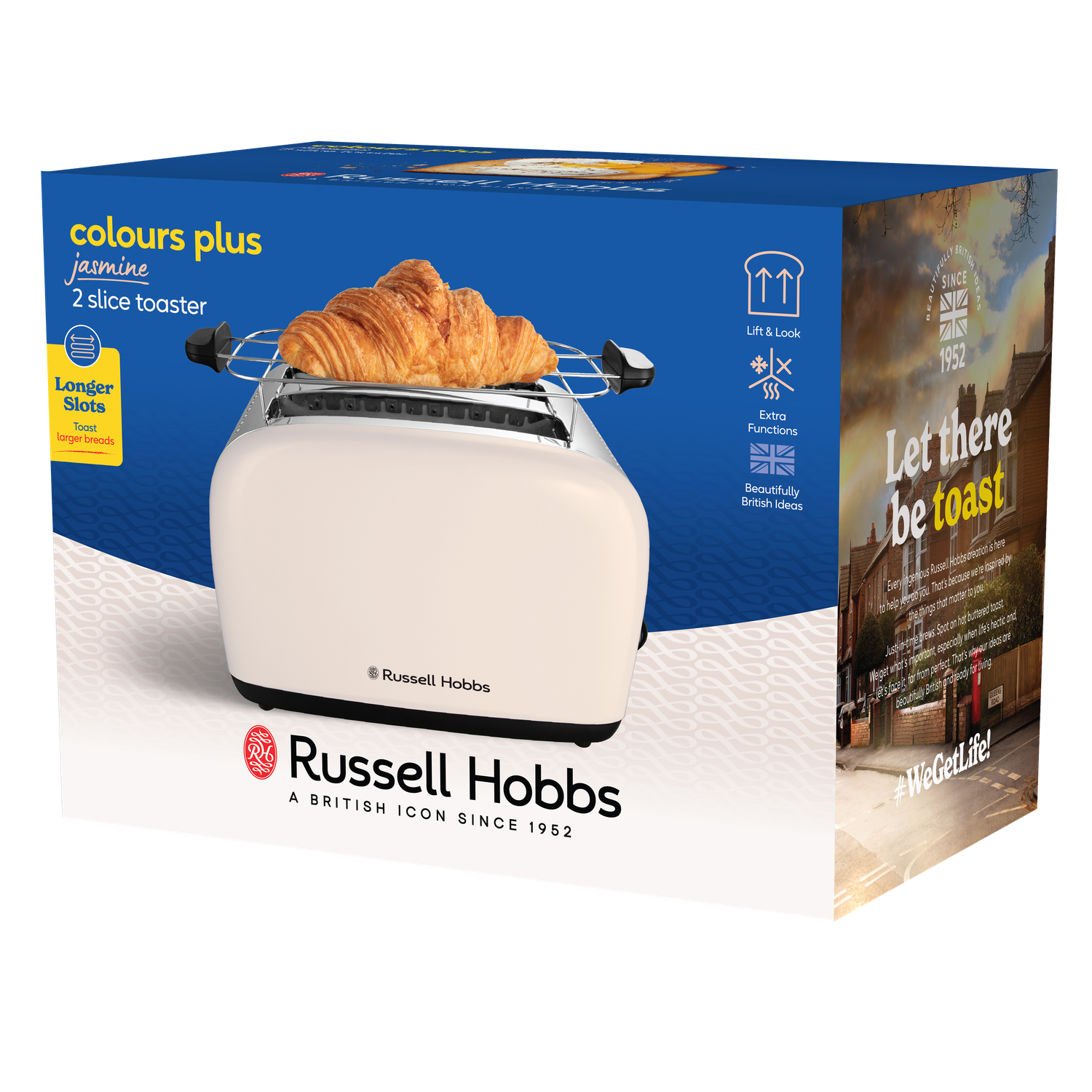 A cream-colored Russell Hobbs toaster with a croissant on top. Text reads 'Let there be toast'.