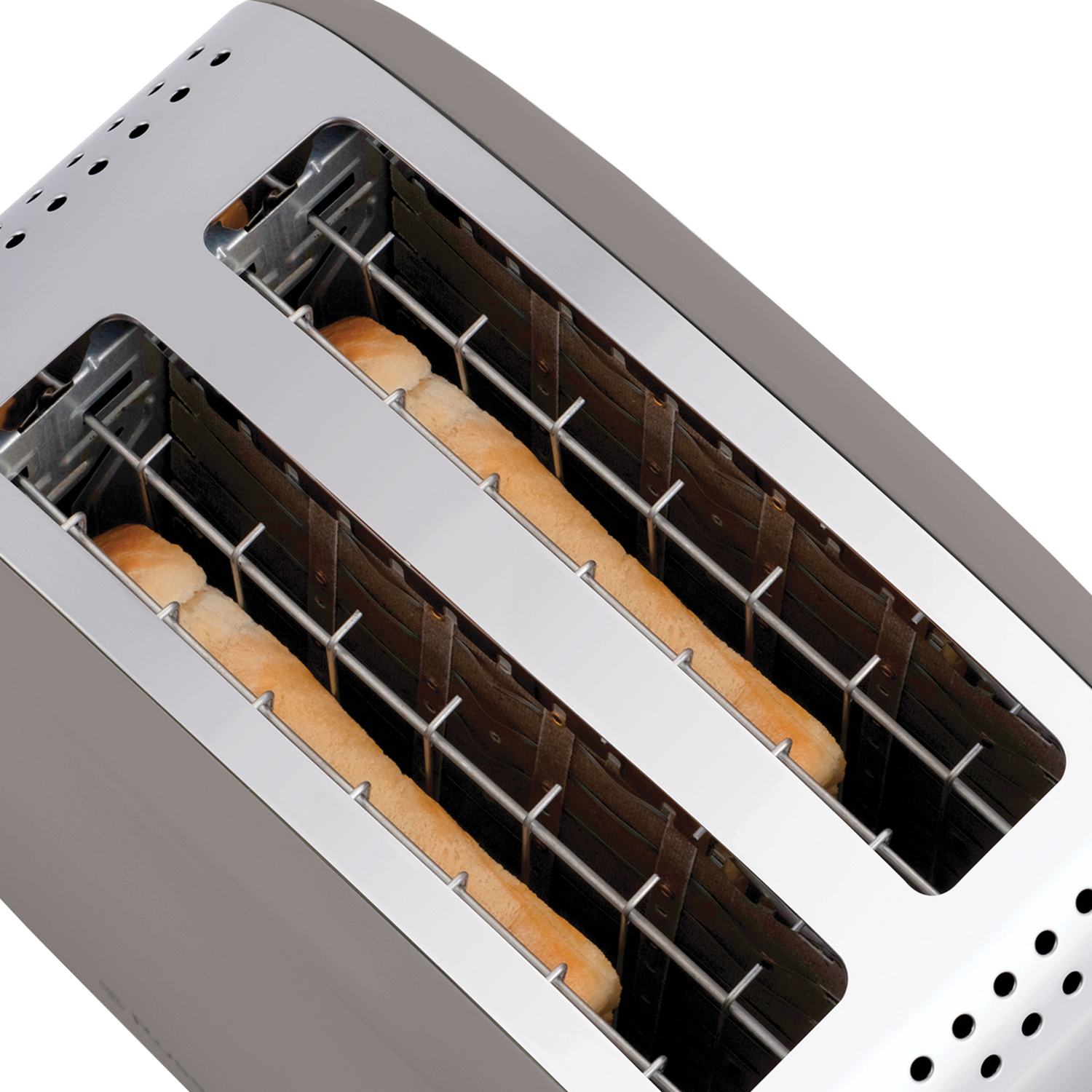 A close-up of a toaster with two slices of toasted bread inside. The toaster is metallic gray and sits on a white background.