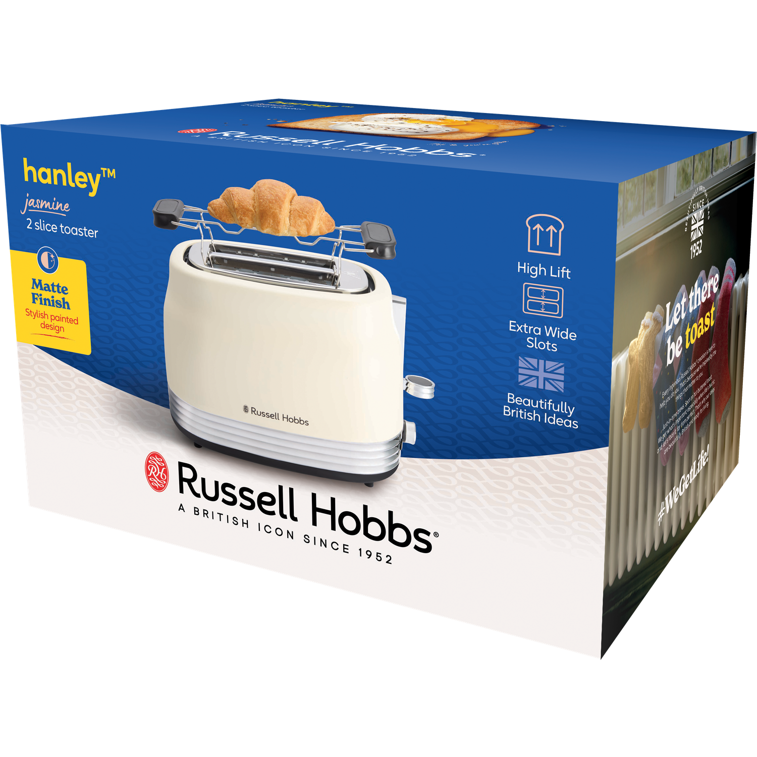 A Russell Hobbs toaster box with a toaster and a croissant on top. Text includes 'hanley jasmine' and 'Matte Finish'.