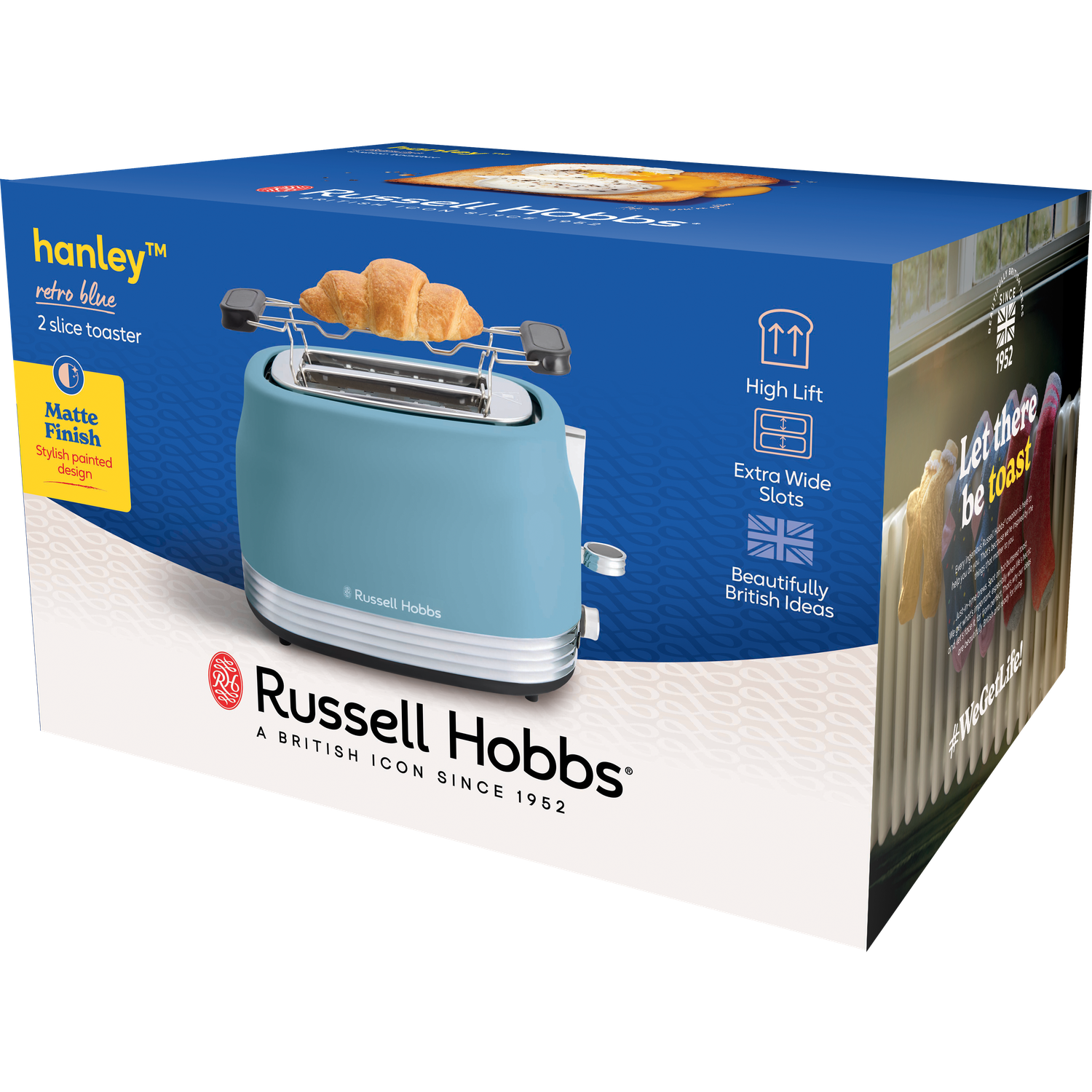 A blue Russell Hobbs toaster with a croissant. The box says retro blue, matte finish, and has British icons.