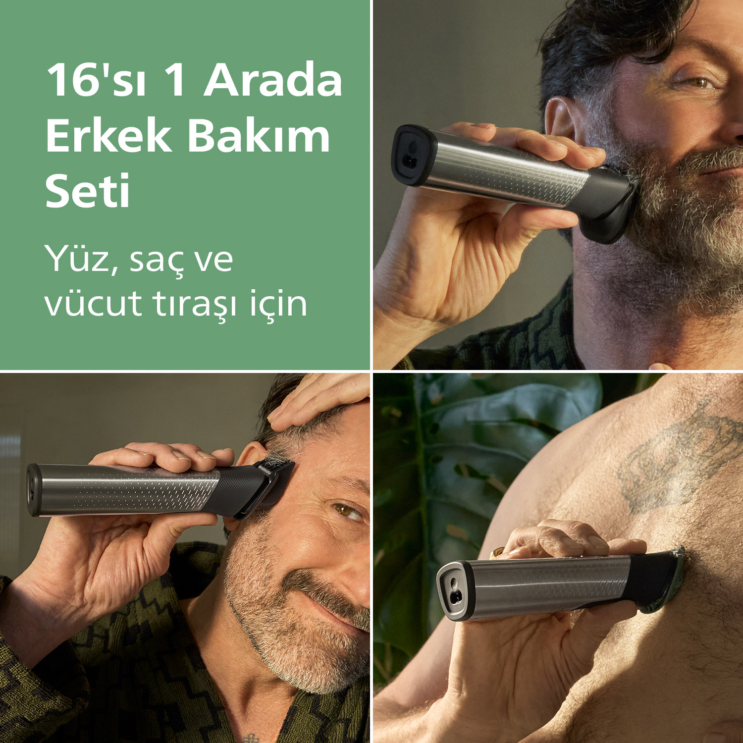 Bir adam yüzünü, saçlarını ve göğsünü tıraş etmek için bir bakım seti kullanıyor. Ürün, 16'sı 1 arada erkek bakım seti olarak tanıtılıyor.