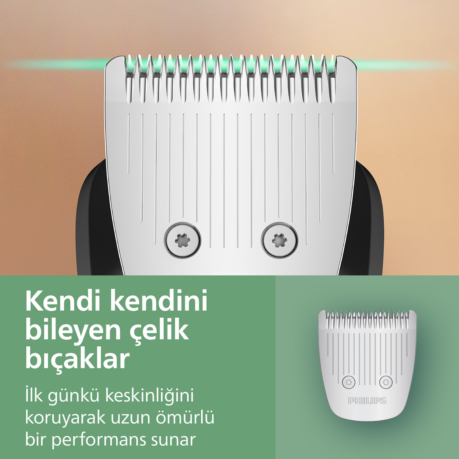 Yeşil ışıklı gümüş Philips tıraş başlığının yakın çekimi, Türkçe metin: Kendi kendini bileyen çelik bıçaklar, uzun ömürlü performans.