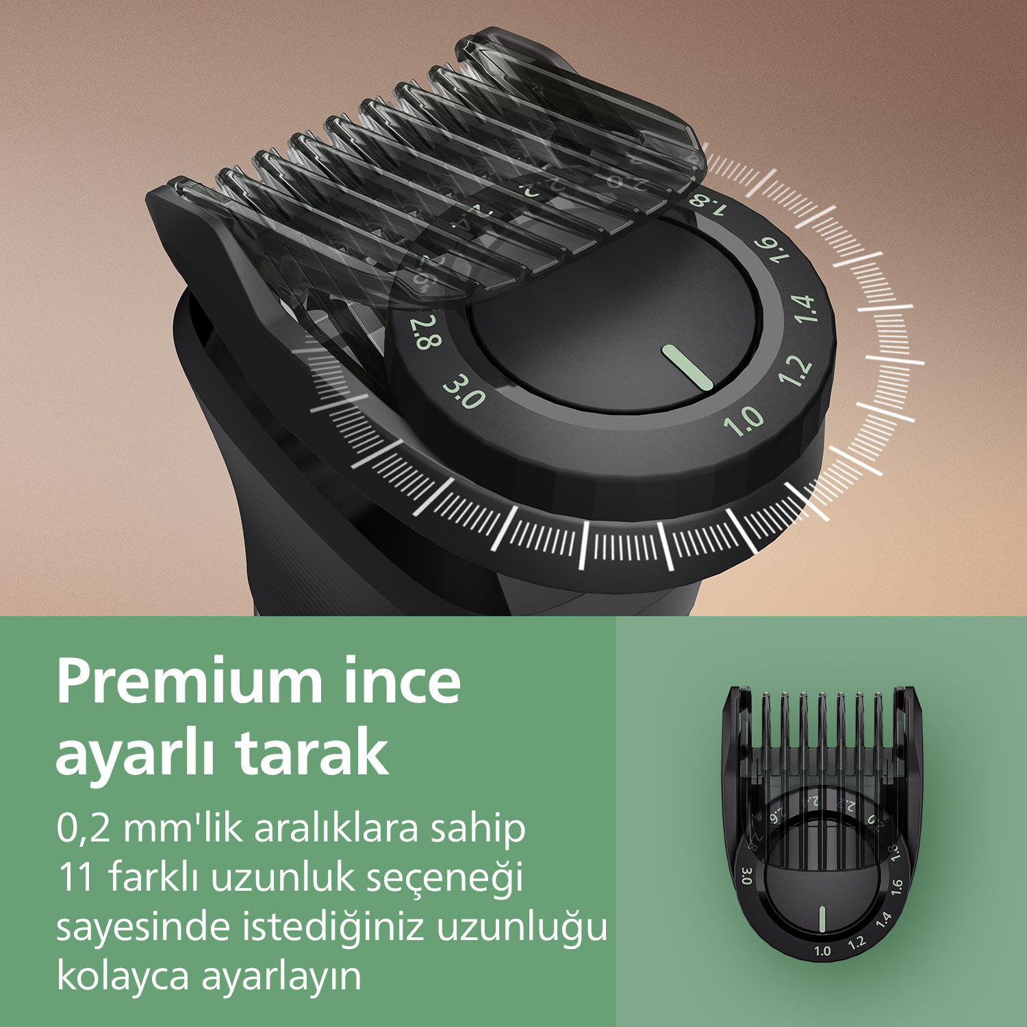 Ayarlanabilir uzunluk ayarlarına sahip siyah bir saç kesme makinesi ataşmanının yakın çekimi, Türkçe ve İngilizce metinlerle.