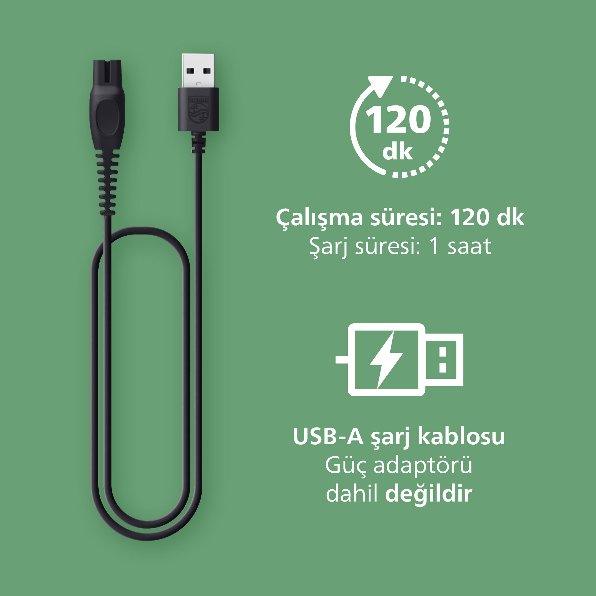Yeşil zemin üzerinde Philips logosu ve şarj bilgileri bulunan siyah USB-A kablosu. Şarj süresi 1 saat, kullanım süresi 120 dakikadır.