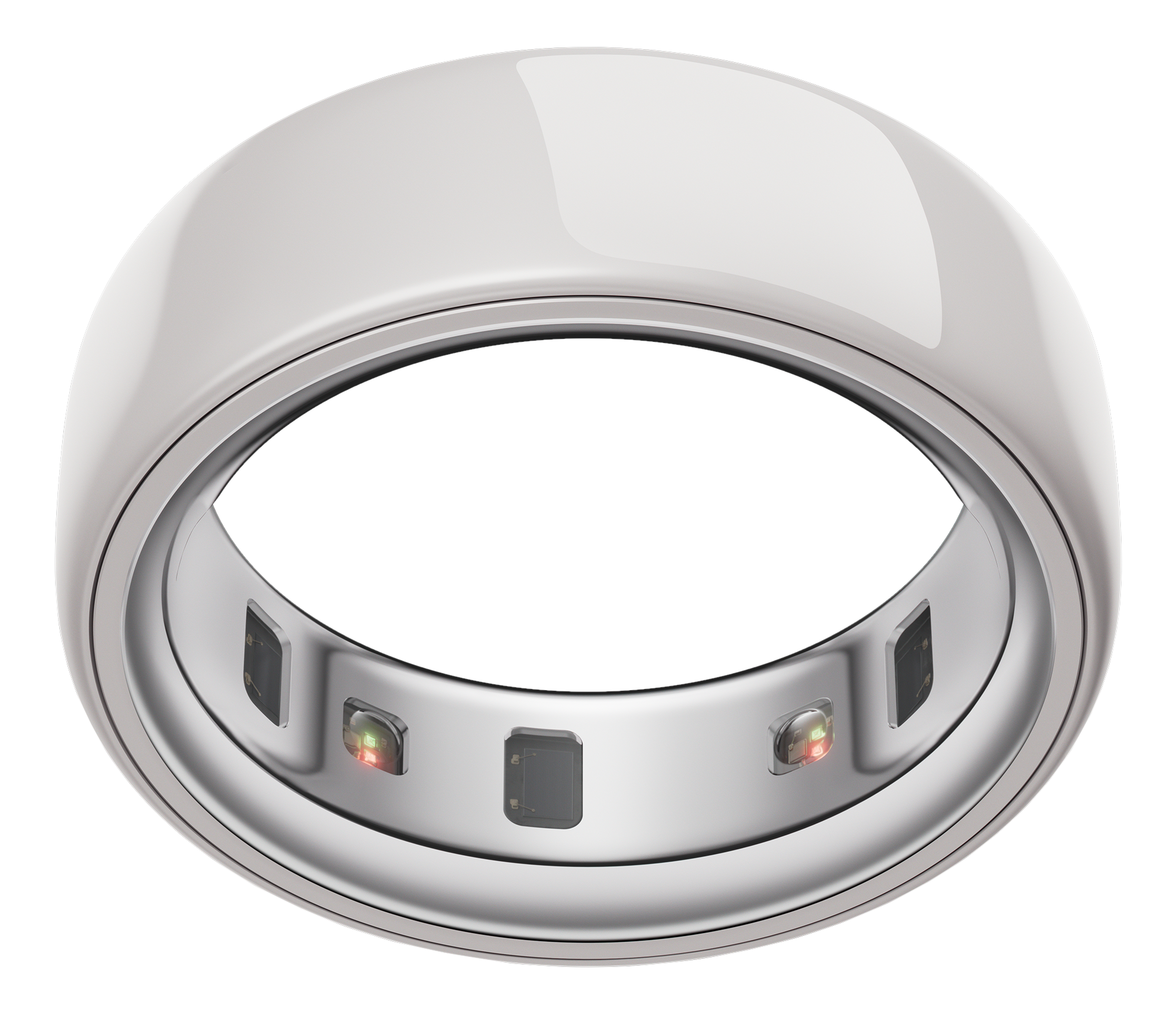 Un anello intelligente argentato. Ha sensori interni con luci rosse e verdi. Design lucido e liscio.