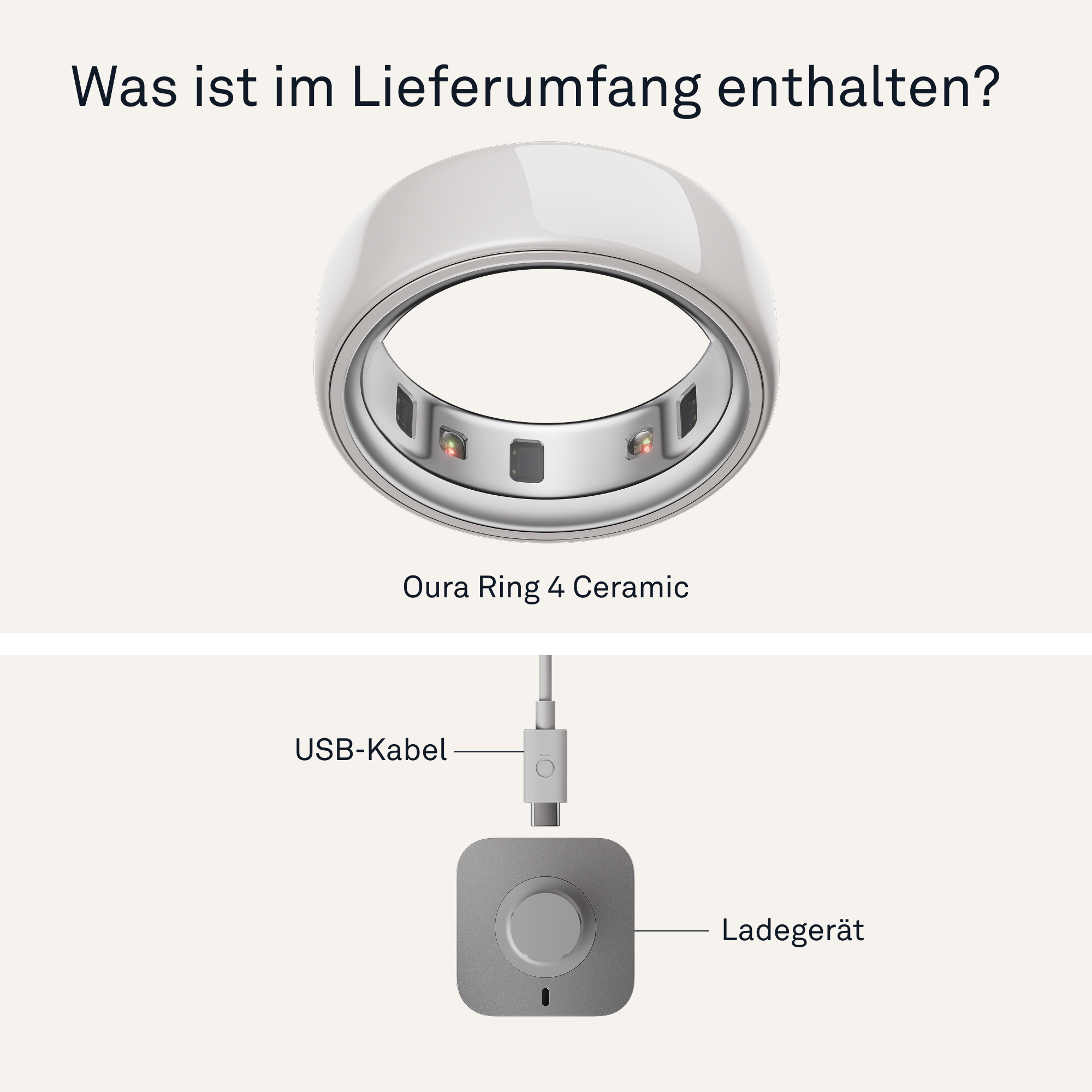 L'immagine mostra un Oura Ring 4, un cavo USB e un caricatore. L'anello è bianco, il caricatore e il cavo sono grigi.