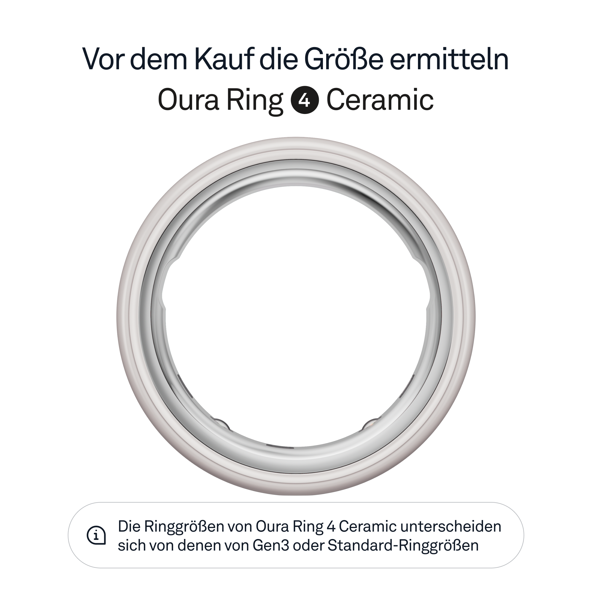 Un Oura Ring 4 Ceramic bianco. Il testo dice: Determina la taglia prima dell'acquisto.
