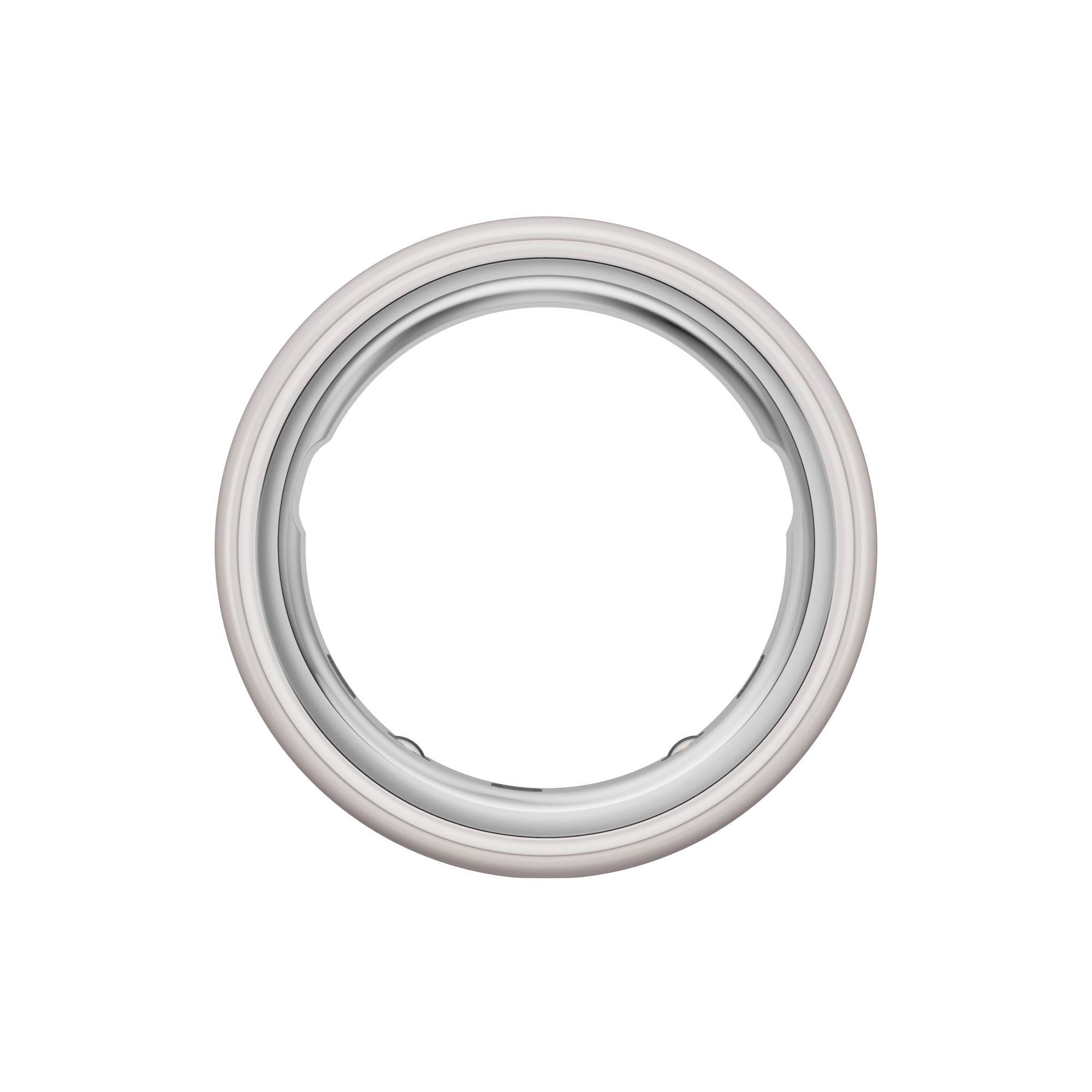 Un oggetto circolare con un anello interno argentato e un anello esterno beige chiaro, isolato su sfondo bianco.