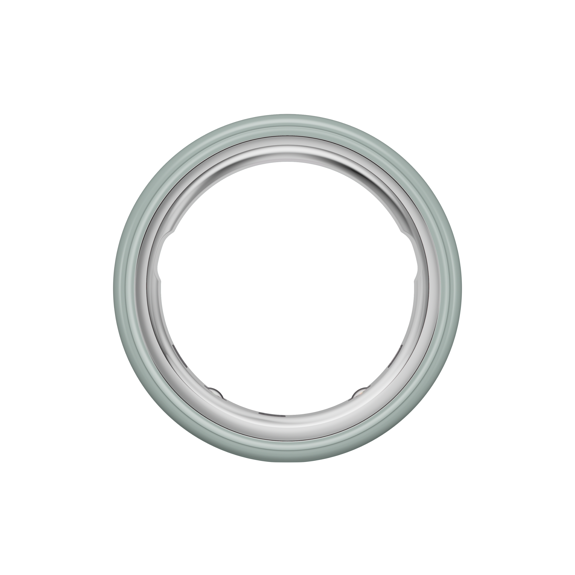 Un anello con una fascia esterna azzurra e un anello interno argentato. Lo sfondo è bianco.