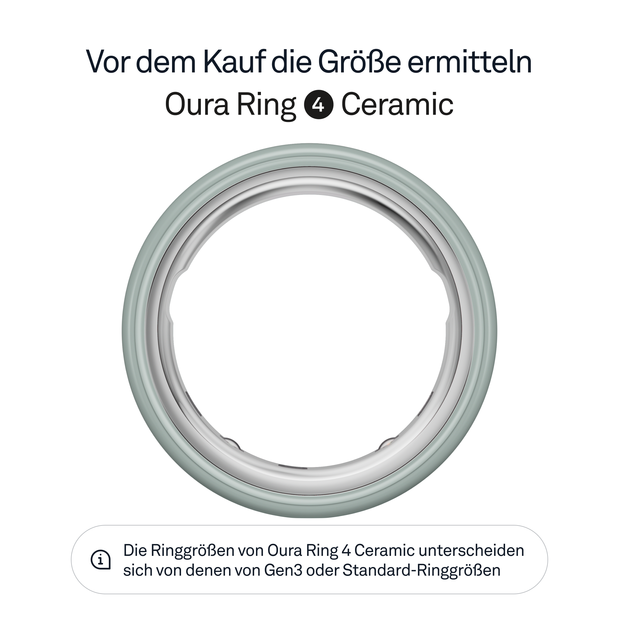 È mostrato un anello Oura Ring 4 Ceramic. Il testo in alto dice: 'Determina la taglia prima dell'acquisto'.