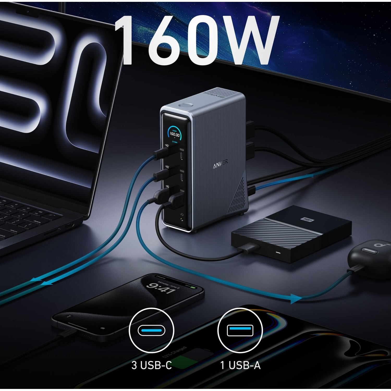 Una stazione di ricarica USB da 160 W con più dispositivi collegati, tra cui un laptop, telefoni e un disco rigido esterno.