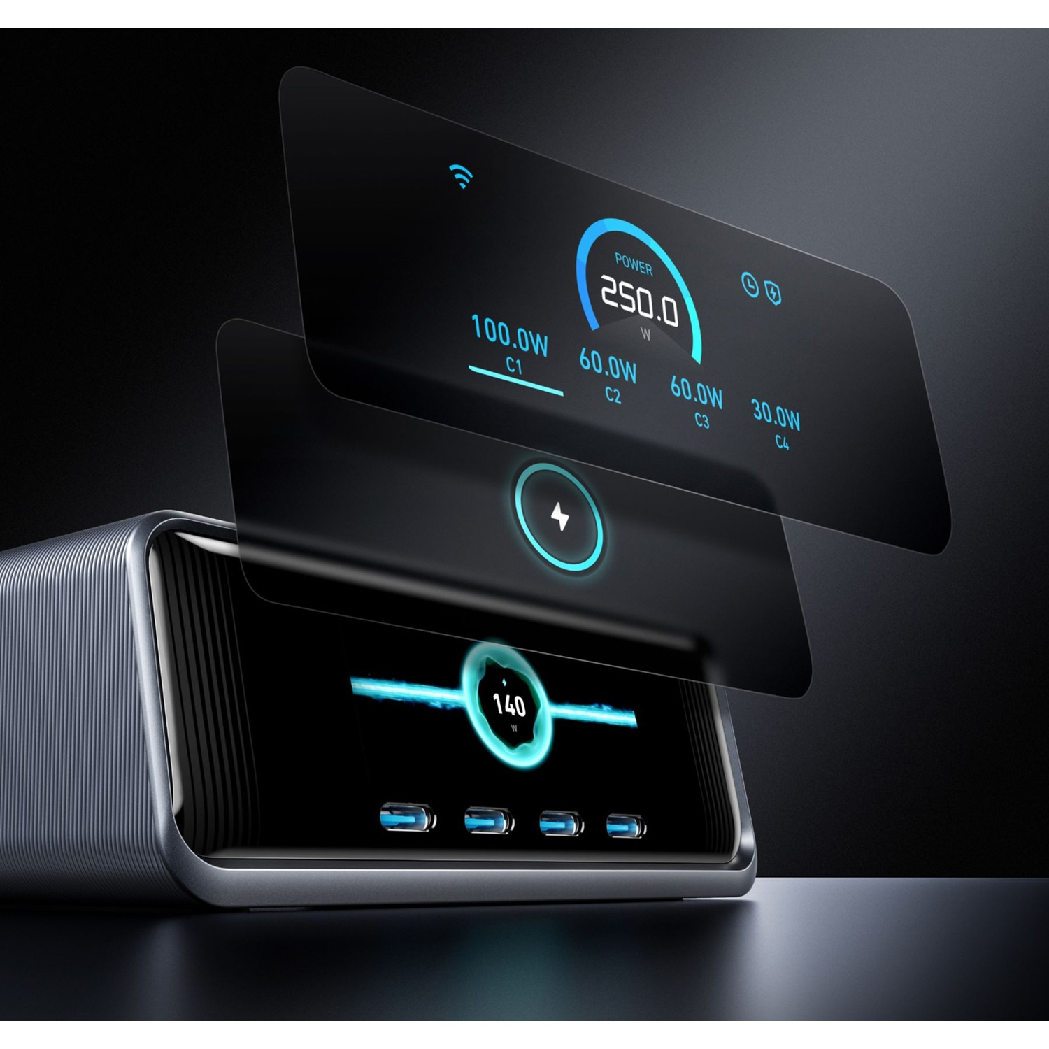 Una stazione di alimentazione nera e argento con display digitale che mostra l'uscita di alimentazione e lo stato di carica. Accenti blu e bianchi evidenziano il display.