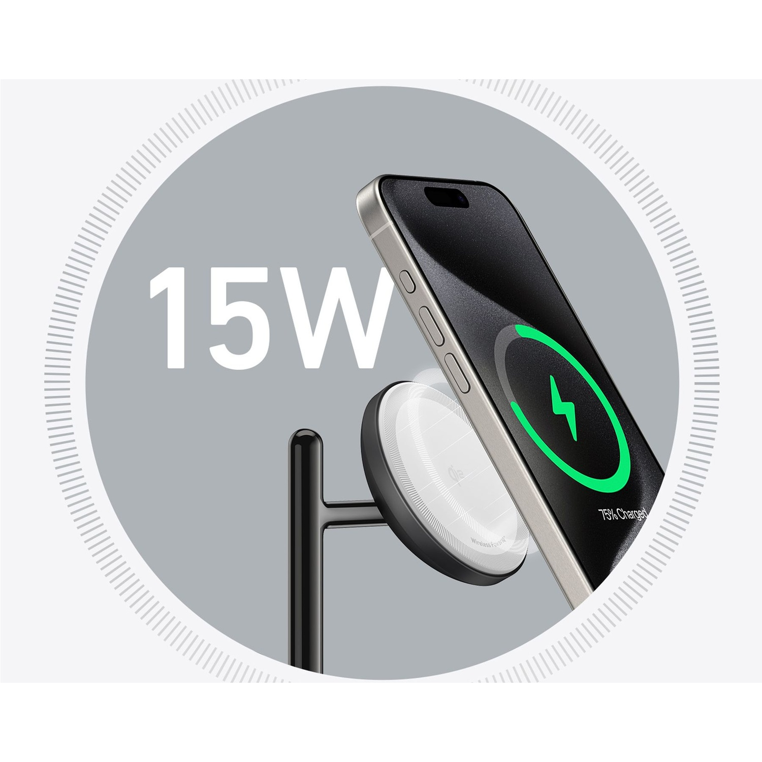 Un telefono si carica in modalità wireless su un supporto. Il telefono è nero con un simbolo di ricarica verde. 15W viene visualizzato sullo sfondo.
