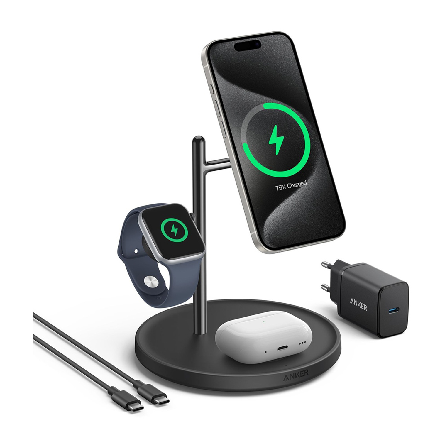 Una stazione di ricarica nera con telefono, orologio e auricolari. Il telefono mostra il 75% di carica. Visibili anche caricabatterie e cavi Anker.