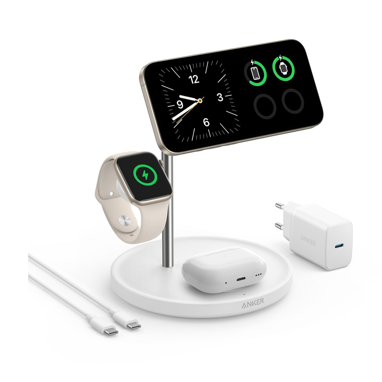 Una stazione di ricarica bianca con Apple Watch, display del telefono, AirPods e caricatore. Tutti i dispositivi sono in carica.