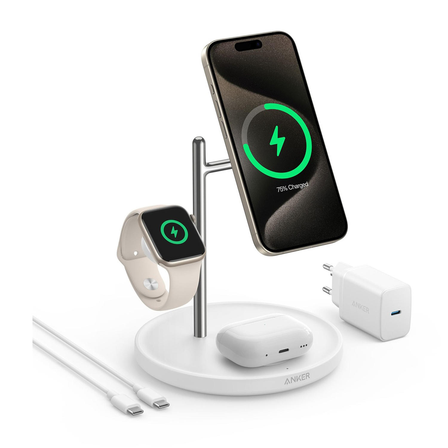 Stazione di ricarica Anker con telefono, orologio e auricolari. Il telefono mostra il 75% di carica. Base bianca, supporto argento, caricatore e cavo bianchi.