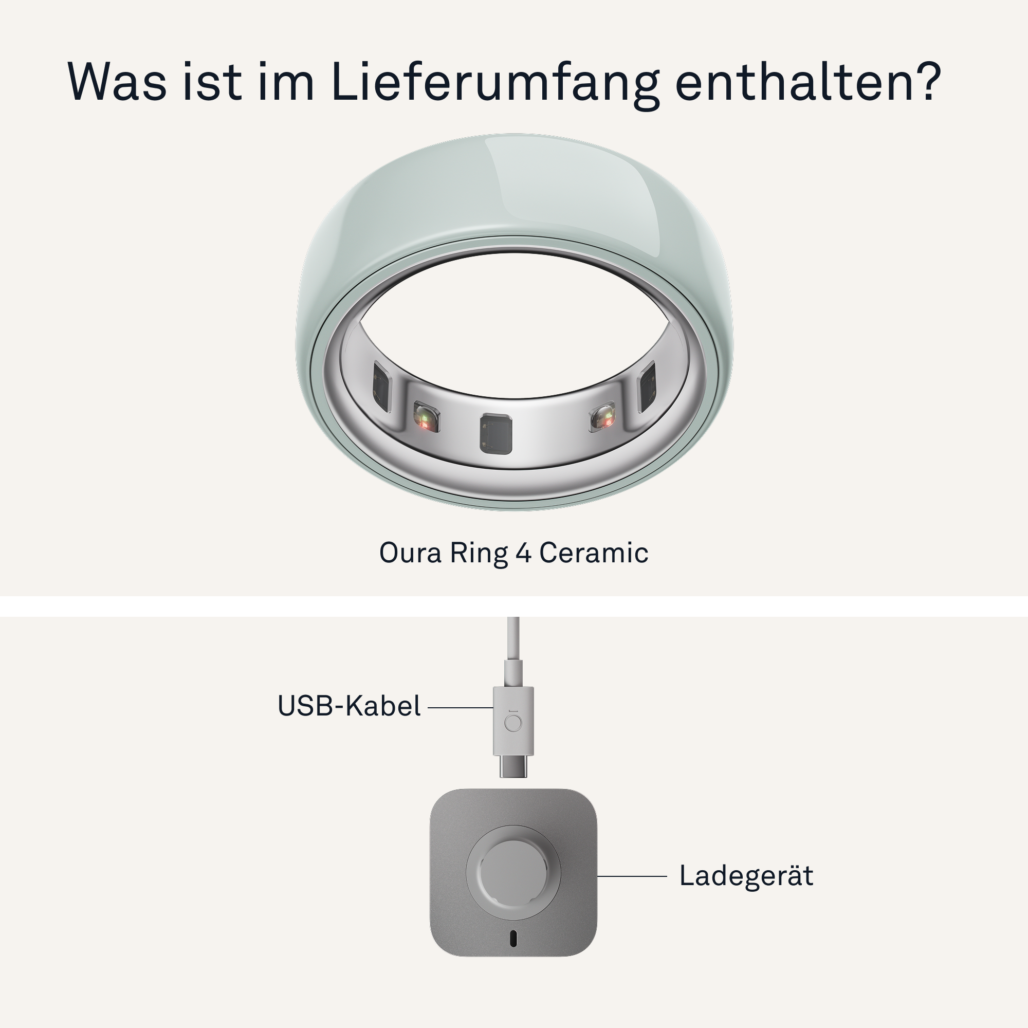 L'immagine mostra l'anello Oura, il caricatore e il cavo USB. L'anello è verde chiaro, il caricatore grigio e il cavo bianco.