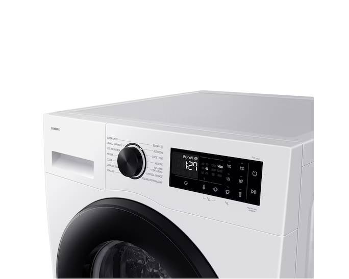 Una lavadora Samsung blanca con panel de control y puerta negros. La pantalla muestra 1:27. Un dial negro está en la parte superior izquierda.
