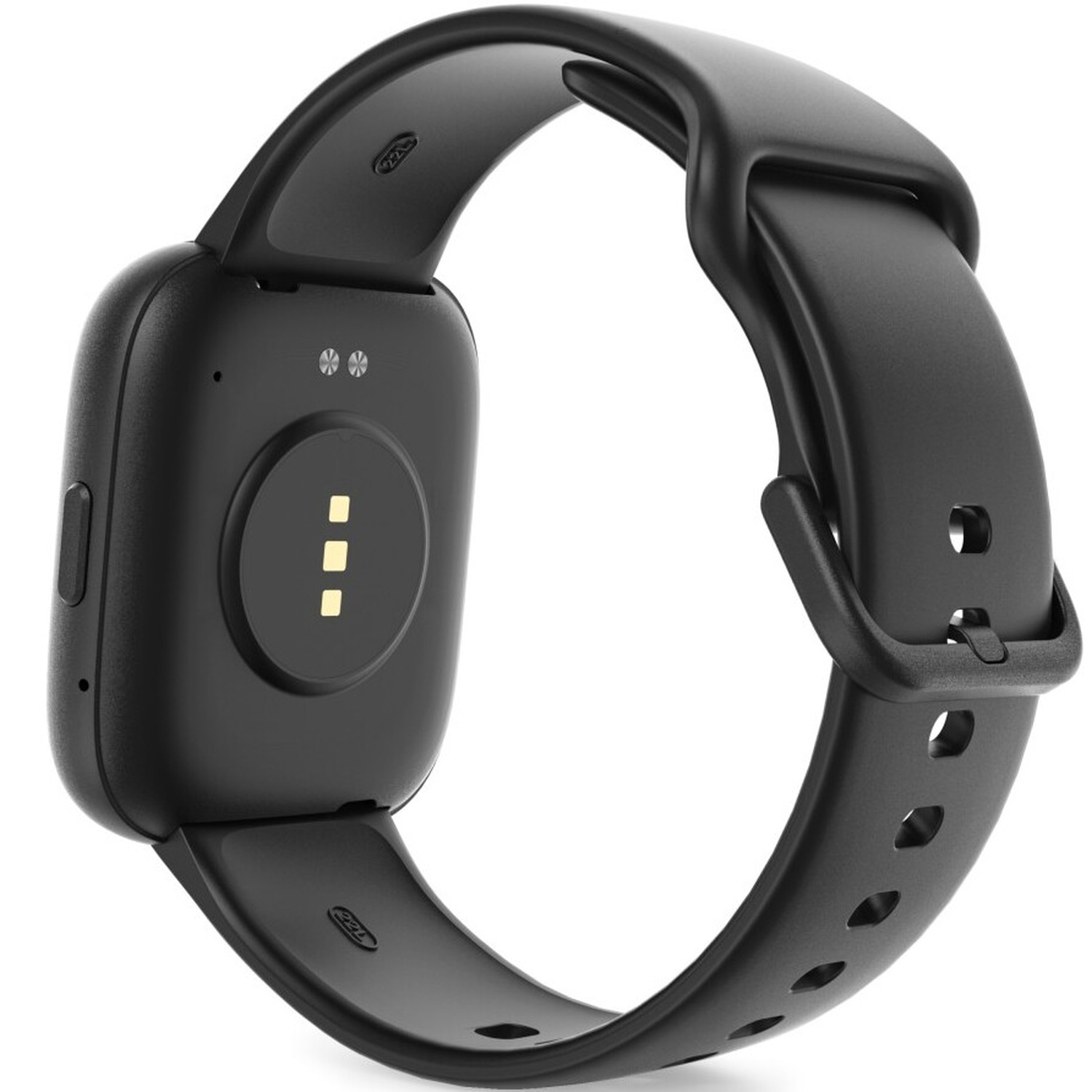 Smartwatch noire avec un cadran carré arrondi et un bracelet noir. La montre est inclinée, montrant le dessous avec des capteurs.
