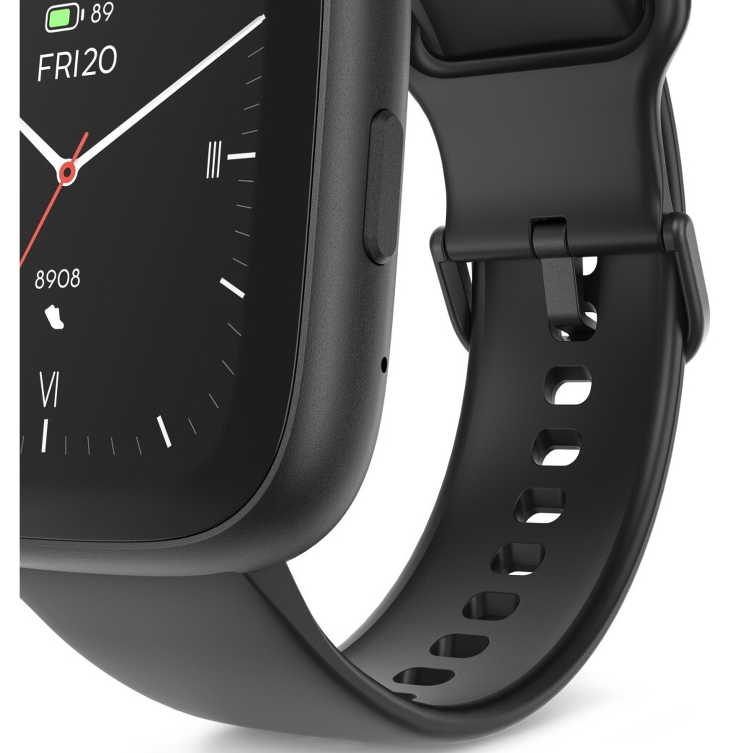 Smartwatch noire avec bracelet noir. L'écran affiche l'heure et la date. Le bracelet a des trous pour l'ajustement.