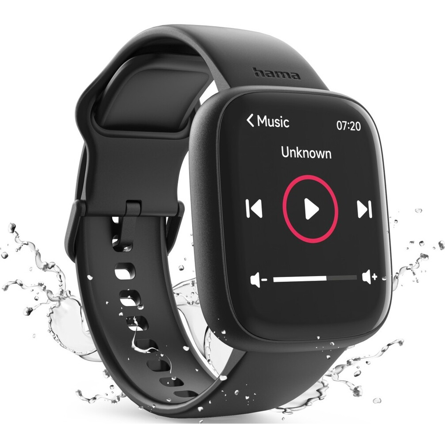 Montre connectée noire avec interface musicale, éclaboussures d'eau. L'écran affiche les commandes musicales et l'heure 07:20. Marque Hama.