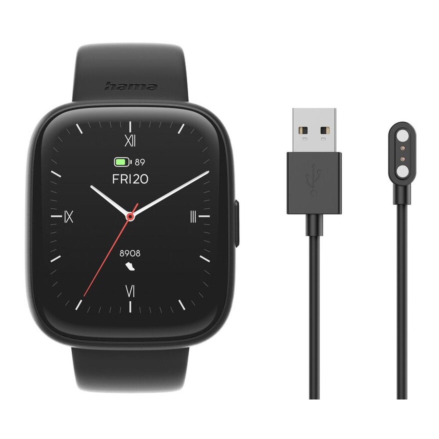 Smartwatch noir avec câble de charge et extrémité de charge magnétique. Le cadran affiche l'heure et la date. Marque Hama.