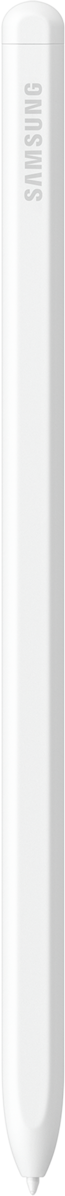 Ein weißer Samsung-Stift. Der Stift ist lang und zylindrisch mit dem Samsung-Logo. Er befindet sich auf schwarzem Hintergrund.