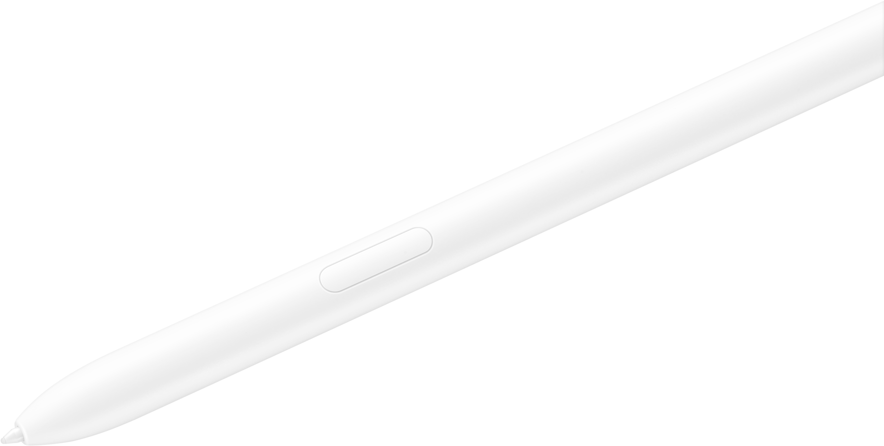 Ein weißer Eingabestift mit einer Taste ist vor einem schwarzen Hintergrund abgewinkelt. Die Spitze ist sichtbar und der Stift ist schlank.