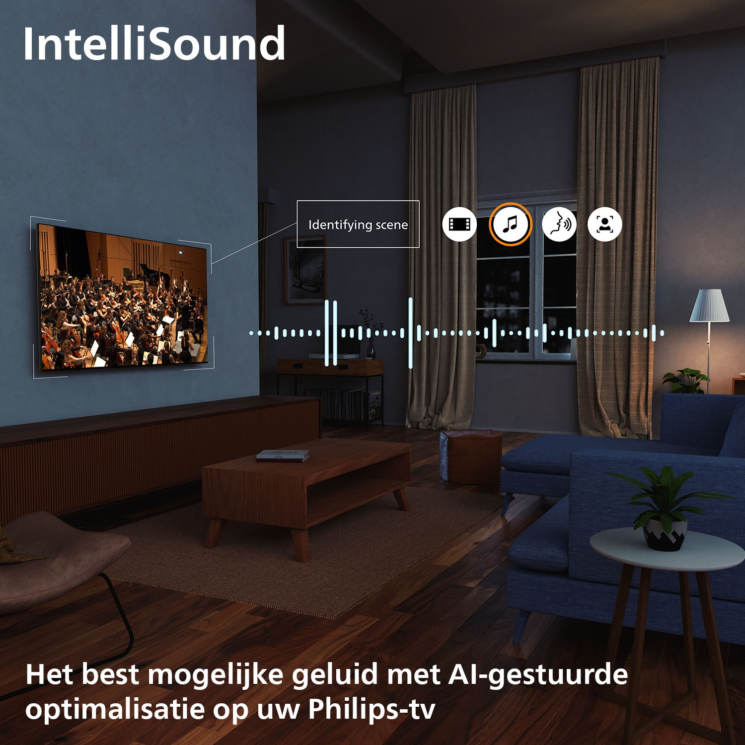 Un salon avec une télévision montrant un orchestre. Le logo IntelliSound est en haut. Le texte en bas indique 'meilleur son possible'.