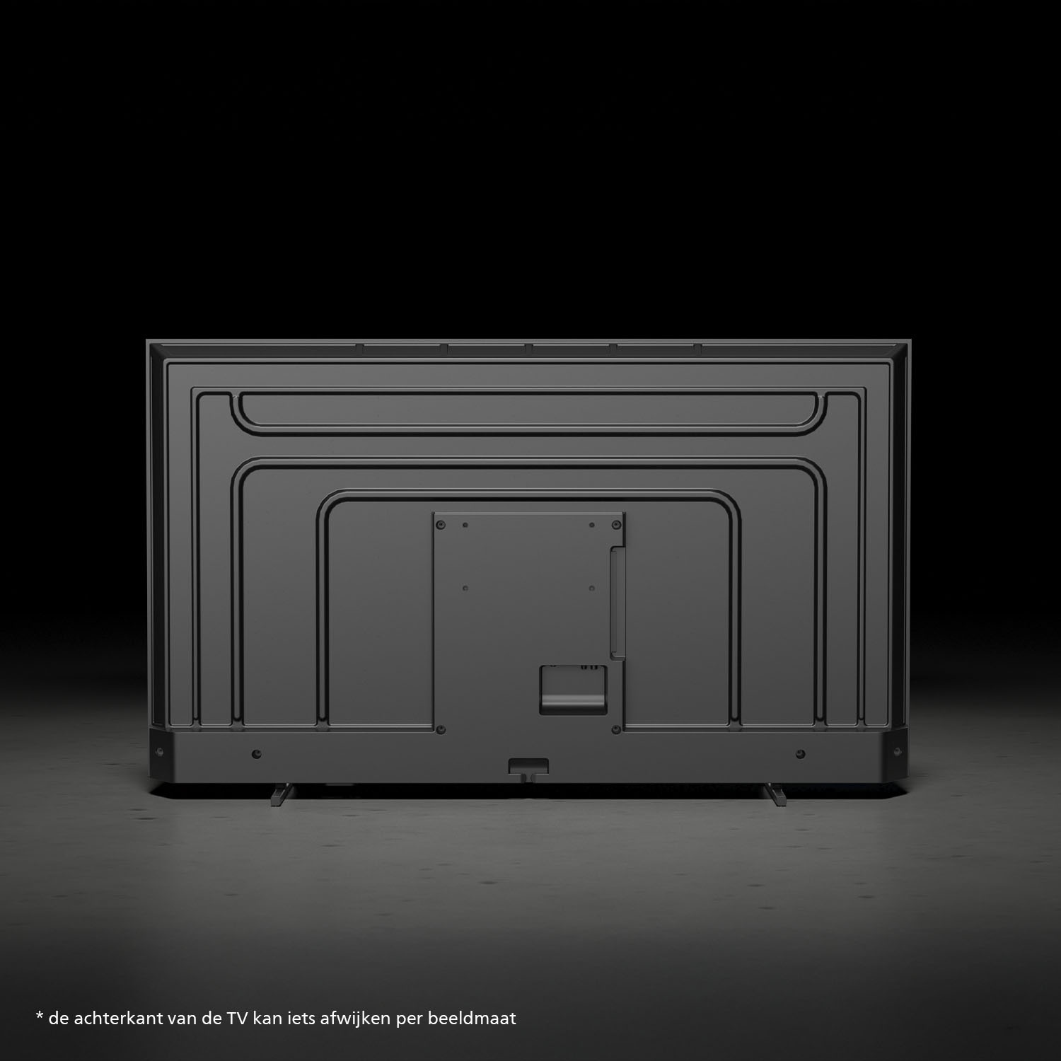 L'arrière d'une télévision noire sur une surface grise, avec un fond sombre. Comprend des ports et un support.