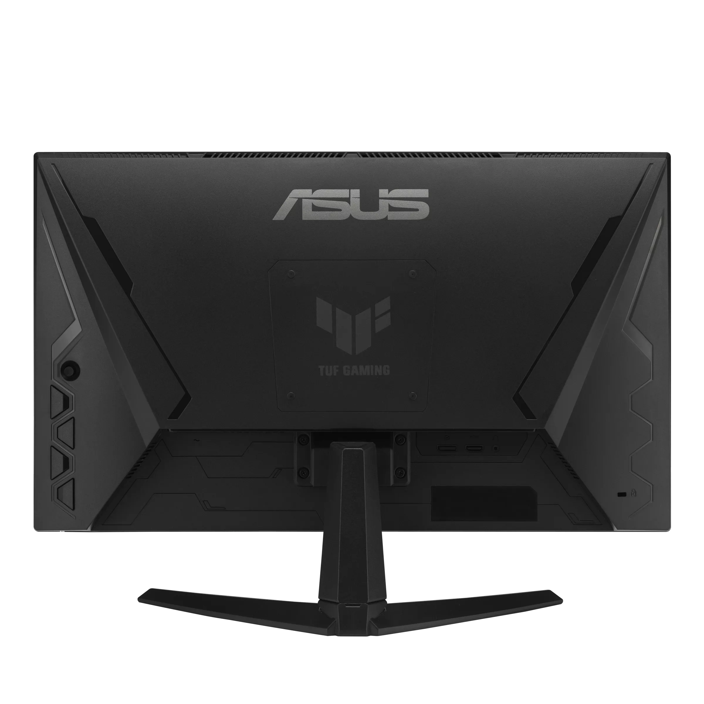 Egy fekete monitor hátulja, ASUS és TUF Gaming logókkal. Állványa és portok találhatók rajta.